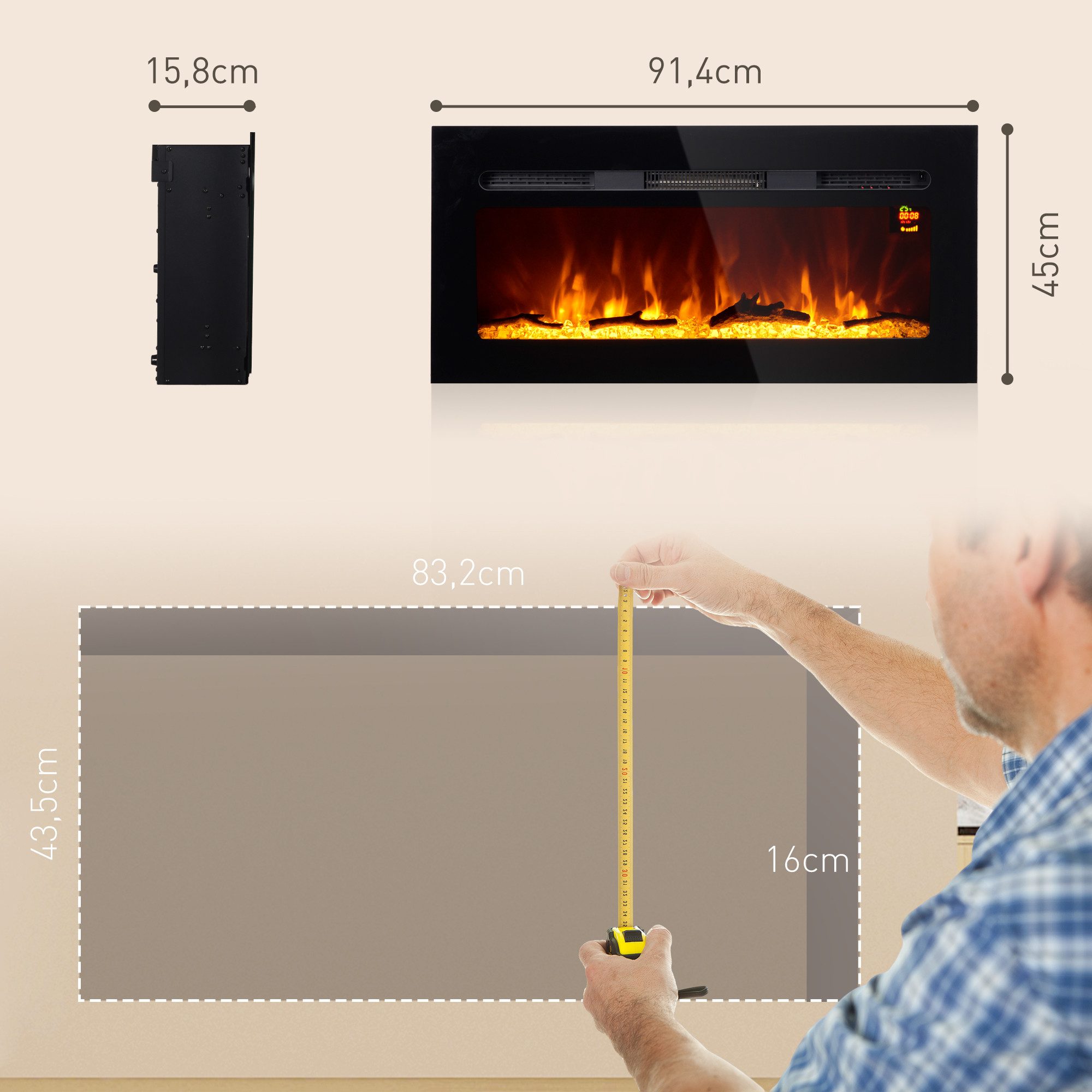 HOMCOM Elektrokamin 1800 W, mit LED Flammeneffekt, in 3 Farben mit 5 Helligkeitsstufen, mit Fernbedienung, Touchscreen, Wandmontage, Schwarz