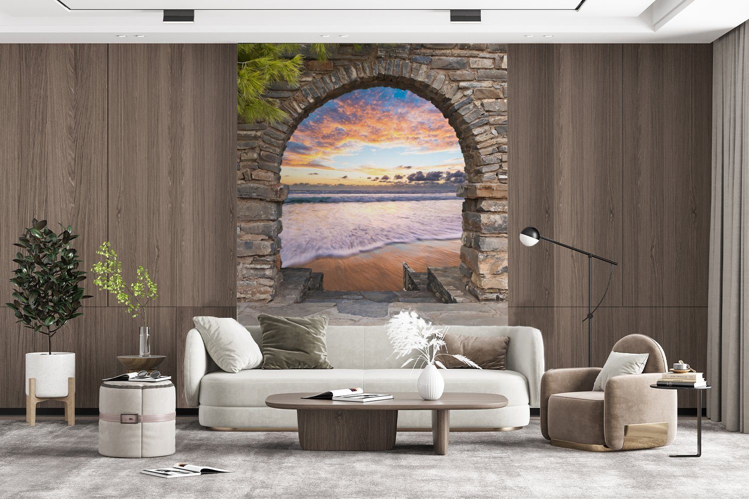 Fototapete für Wohnzimmer, Vinyl Montagefertig bedruckt, MuchoWow Strand Wandtapete Aussicht, - St), Abend - (4 Meer Matt, Tapete -