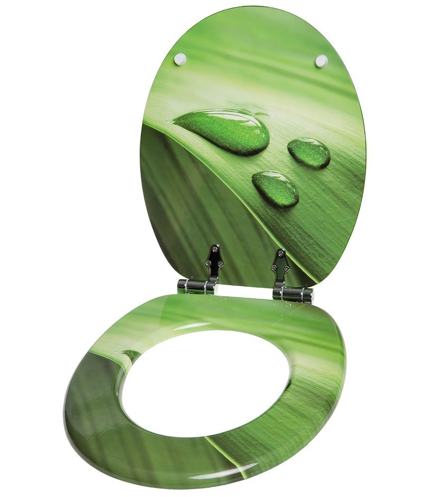 Sanilo Badaccessoire-Set 3-teilig Green Leaf, WC-Sitz mit Absenkautomatik, Badteppich 70 x 110 cm, Waschbeckenstöpsel, 3 tlg., hochwertig & modern, universell, leichte Montage