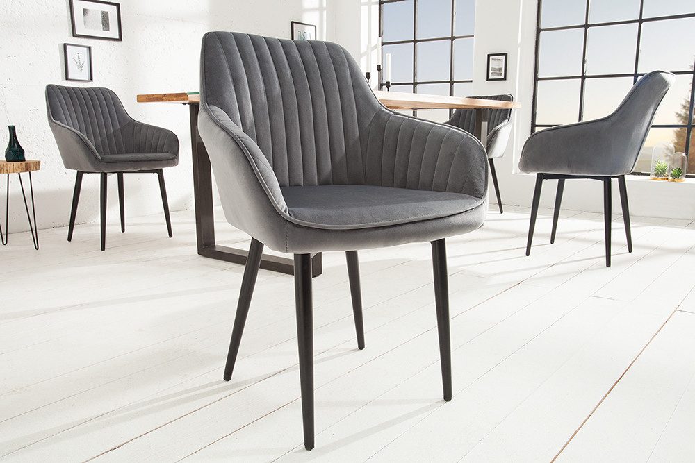 riess-ambiente Polsterstuhl TURIN silbergrau/schwarz - Samt, Metallbeine, Ziersteppung, Armlehne (Einzelartikel, 1 St), gepolstert & im retro Design - ideal für – Bild 3 von 5