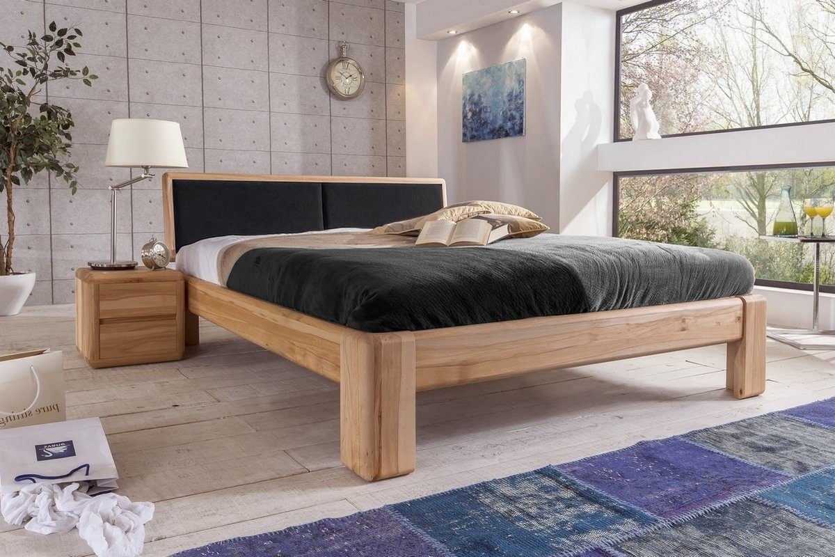 Empinio24 Massivholzbett Verona, Doppelbett aus Kernbuche, Kopfteil in Lederoptik schwarz