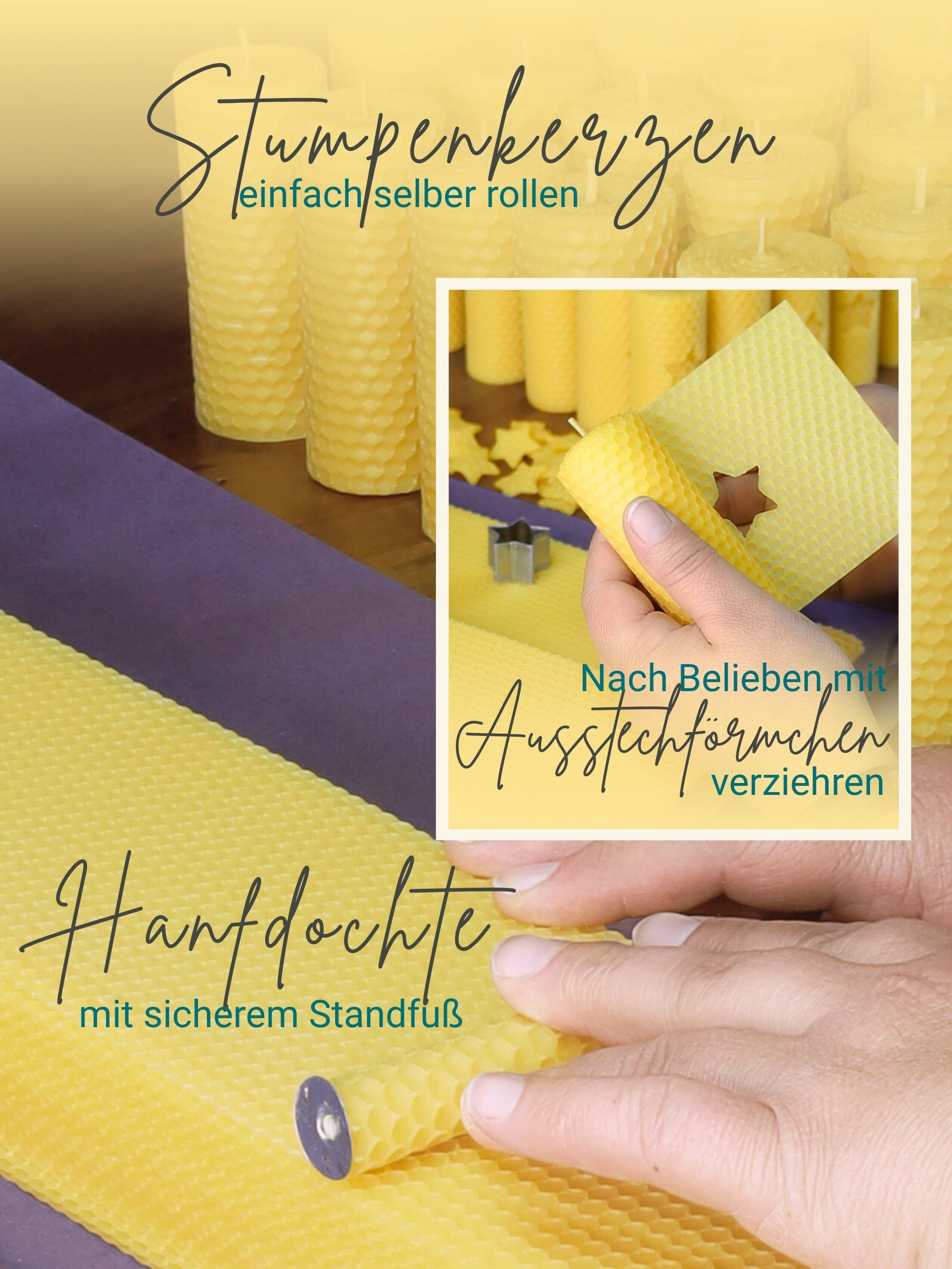 Wachsmann Bienenprodukte Bienenwachsplatten 60 x 10 cm für Stumpenkerzen (20 Wachsplatten + 20 Hanfdochte), 100% reines Bienenwachs