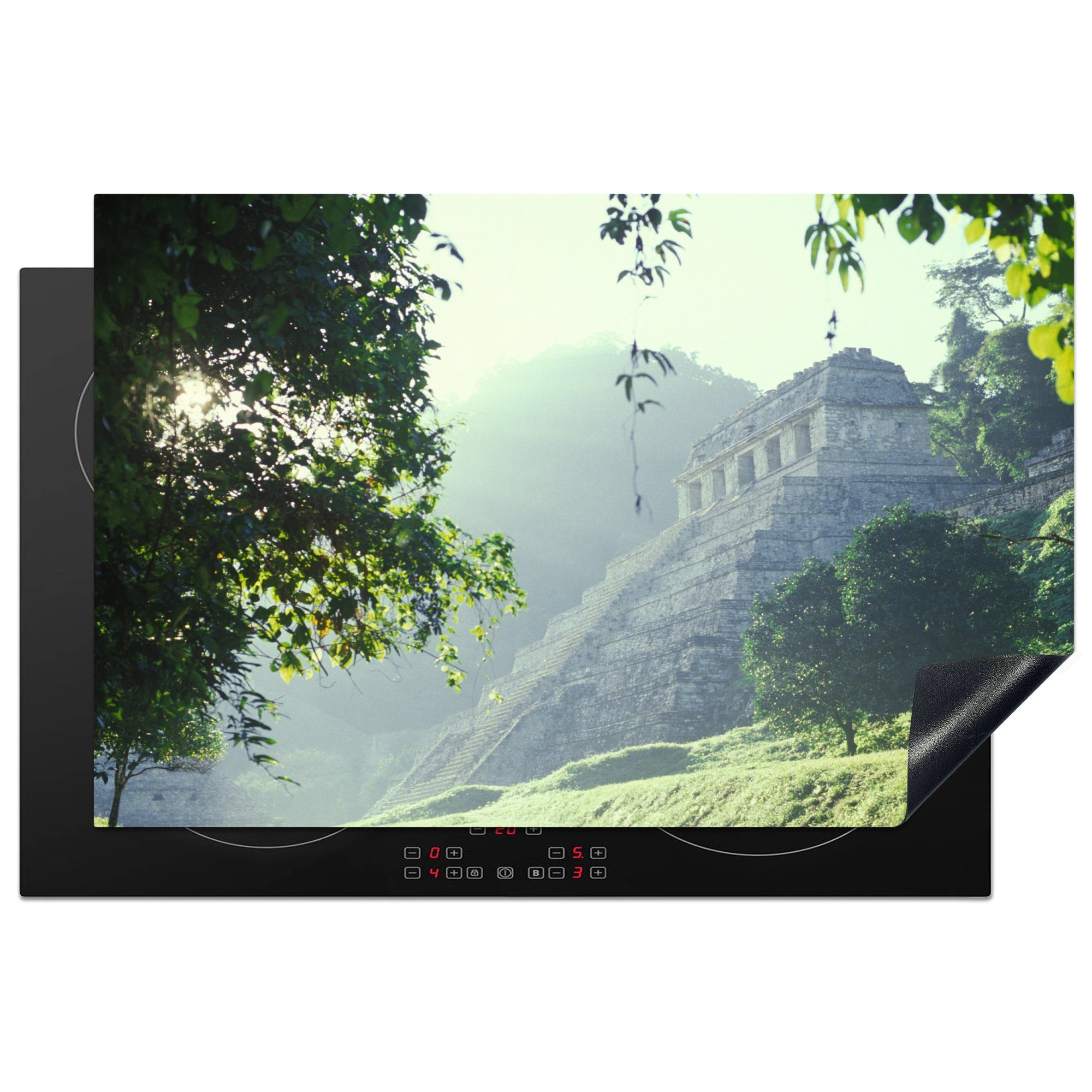 MuchoWow Herdblende-/Abdeckplatte Ruinen von Palenque Mexiko, umgeben von Dschungel, Vinyl, (1 tlg), 81x52 cm, Induktionskochfeld Schutz für die küche, Ceranfeldabdeckung