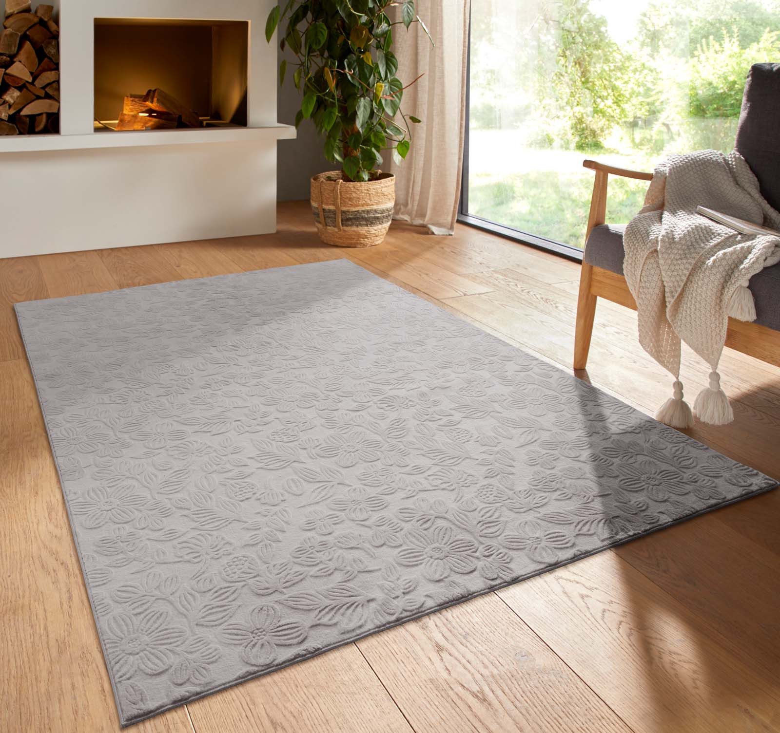 TaraCarpet Teppich TaraCarpet Homestyle 375 Flora, rund, Höhe: 10 mm, Blätteroptik hoch-tief weich waschbar grau 80x80 rund