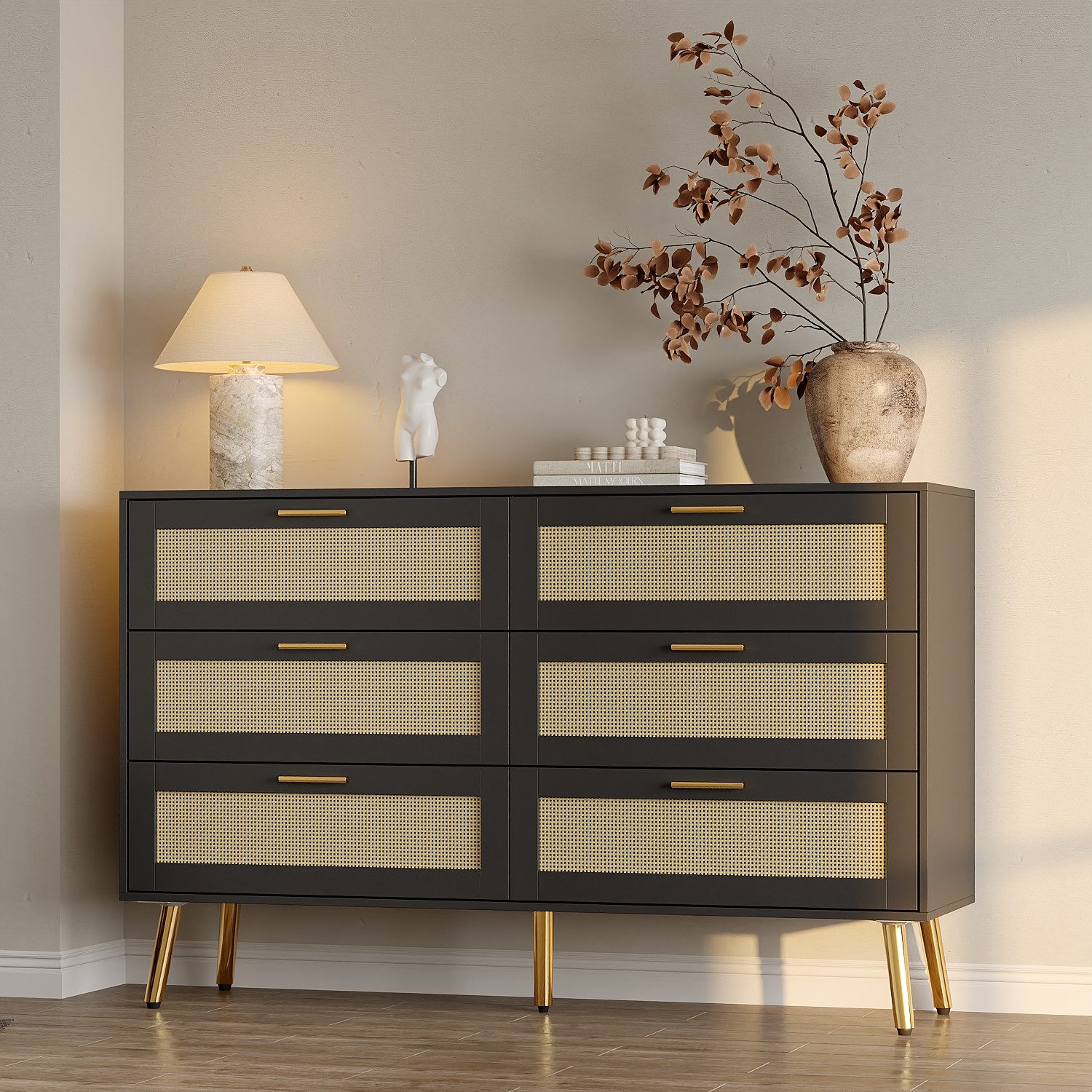 HOMSEE Kommode mit 6 Schubladen, Schwarz, MDF, 120x34x74,5 cm (1 St), Ideal für Wohnzimmer, Schlafzimmer oder Flur