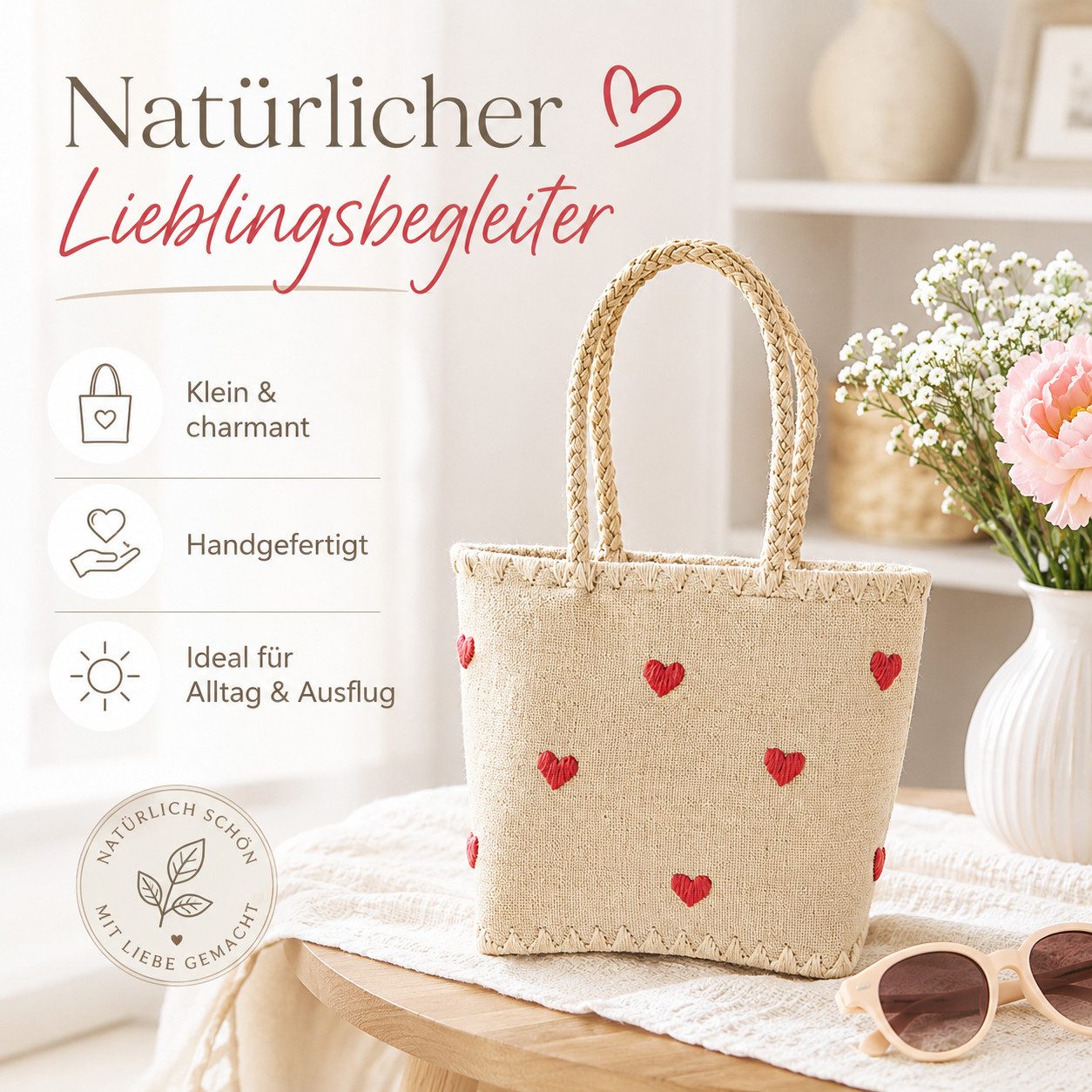 rice Freizeittasche Rice Raffia Tasche mit Herzen, handgefertigt, Natur/Rot (1-tlg)