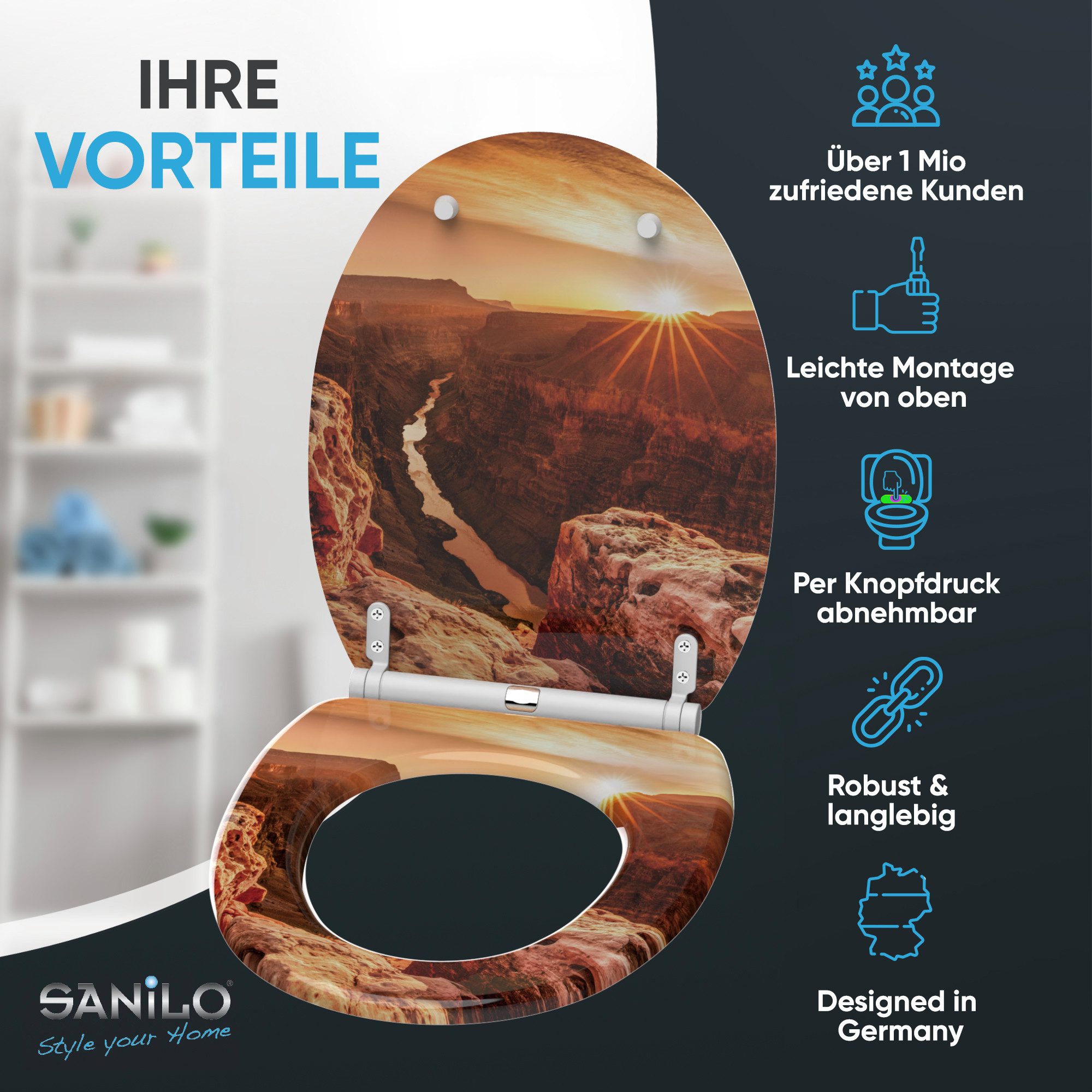 Sanilo WC-Sitz Grand Canyon mit Absenkautomatik & Quick Release, Premium Toilettendeckel, abnehmbar, leichte Montage von oben