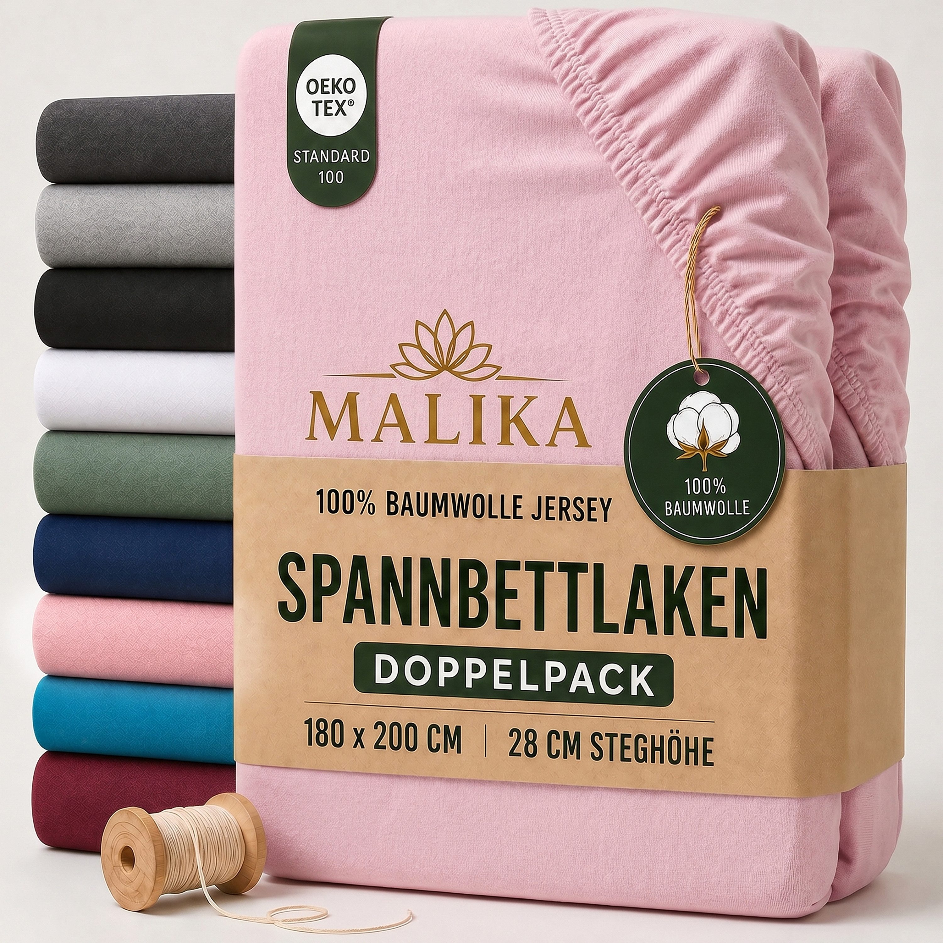 Malika Spannbettlaken aus 100% Baumwolle, 90-100x200, Rosa, Jersey Baumwolle, Gummizug: Ja, (2 Stück), Allergikergeeignet, Pflegeleicht und Atmungsaktiv