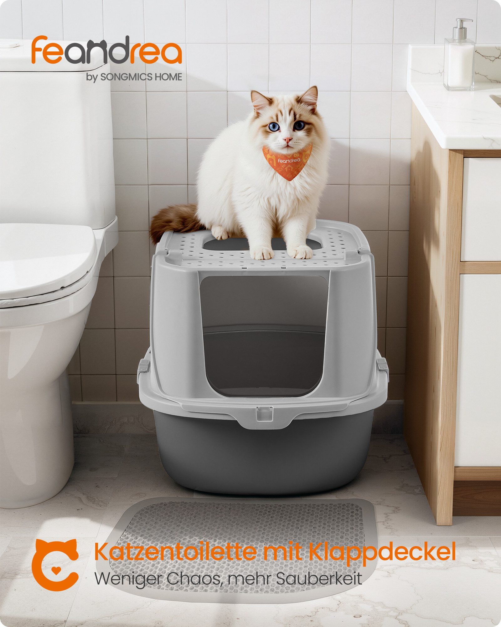 FEANDREA Katzentoilette Katzenklo groß XXL, für Katzen bis 15 kg, Katzentoilette mit Deckel, mit Schaufel und Bürste