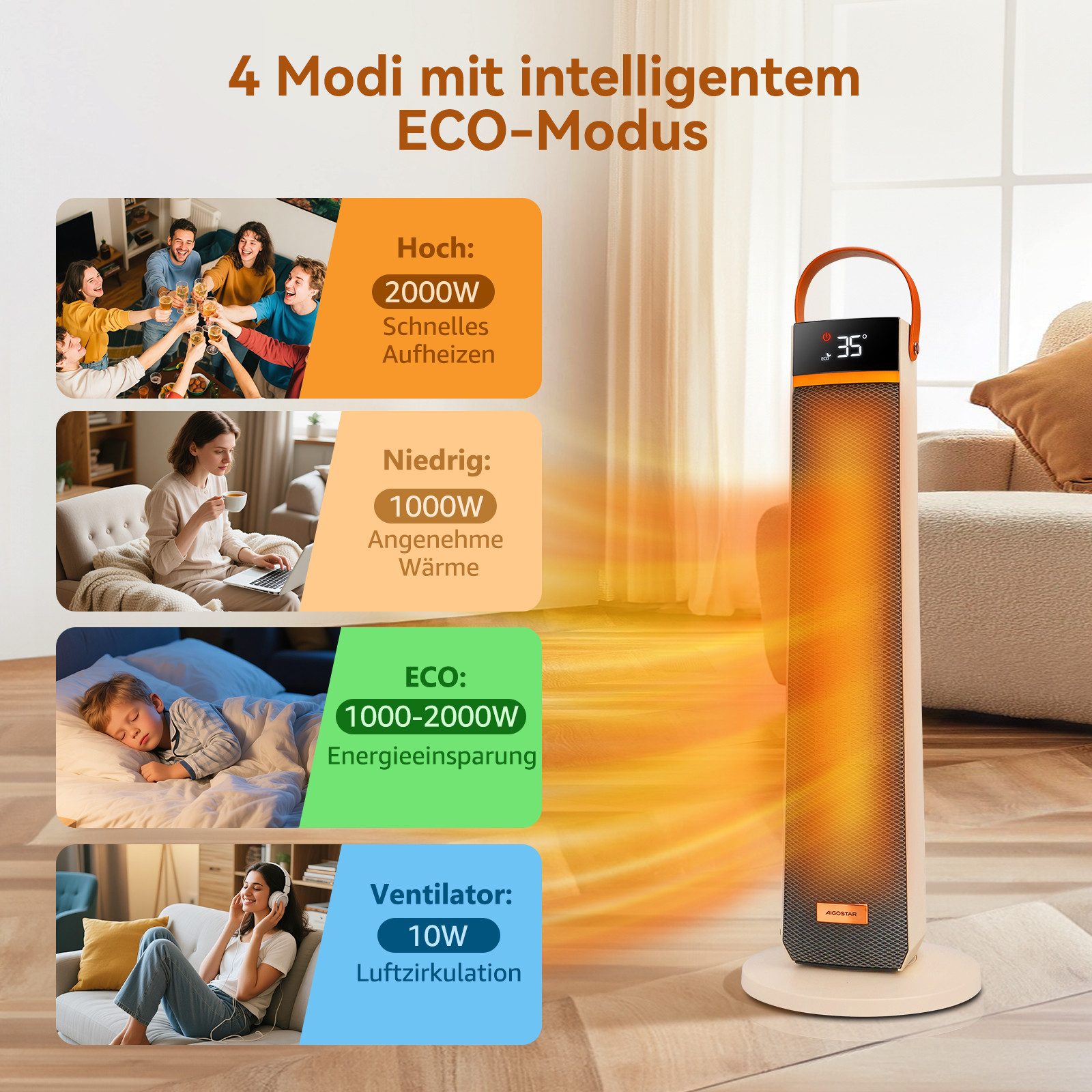 Aigostar Heizlüfter 2000W PTC Keramik Heizlüfter, Energiesparend, Fernbedienung, 24H, Weiß – Bild 3 von 5