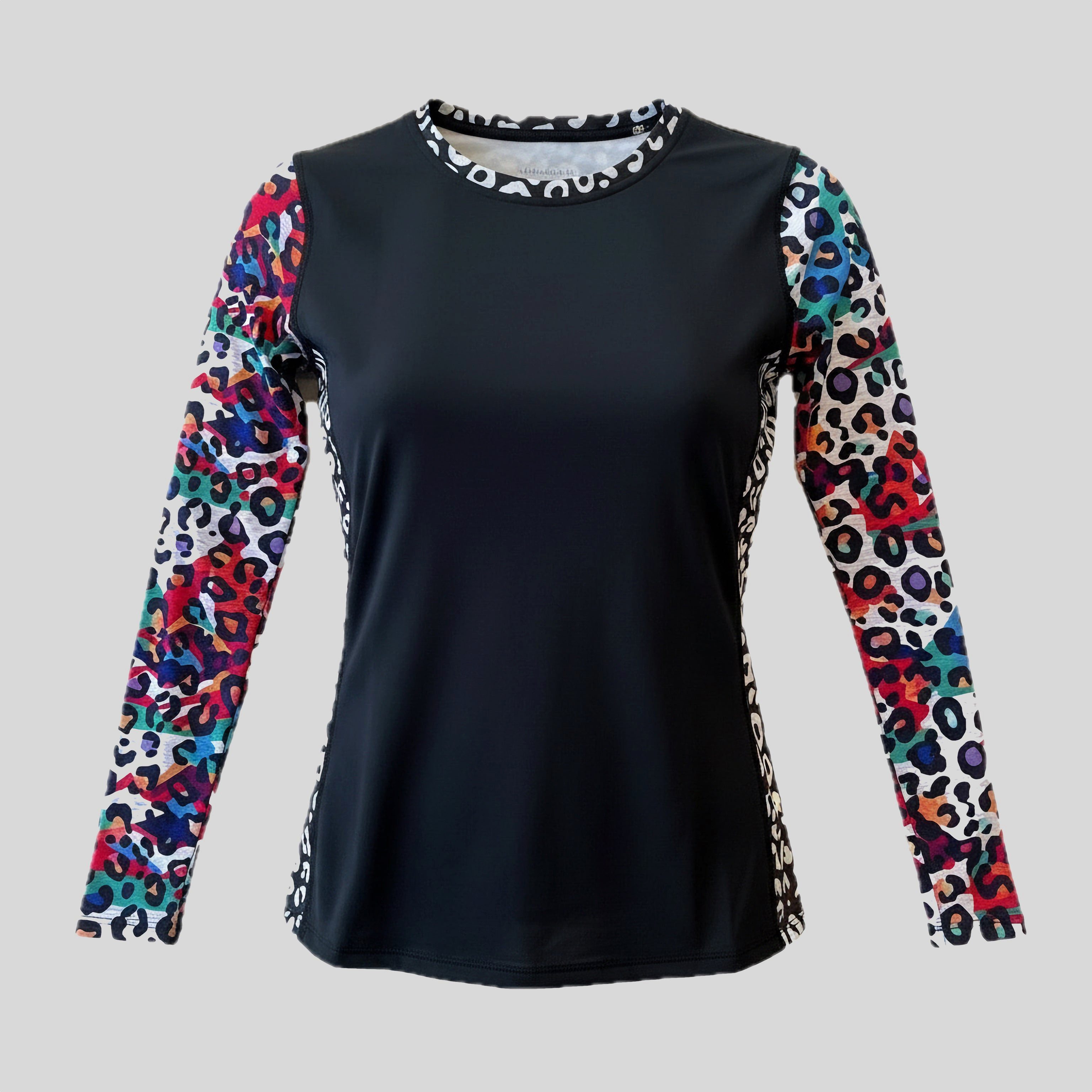 Freisein Project Funktionsshirt BlackBeauty Schwarzes Damenshirt mit bunten Leo-Details und Funktionsmaterial