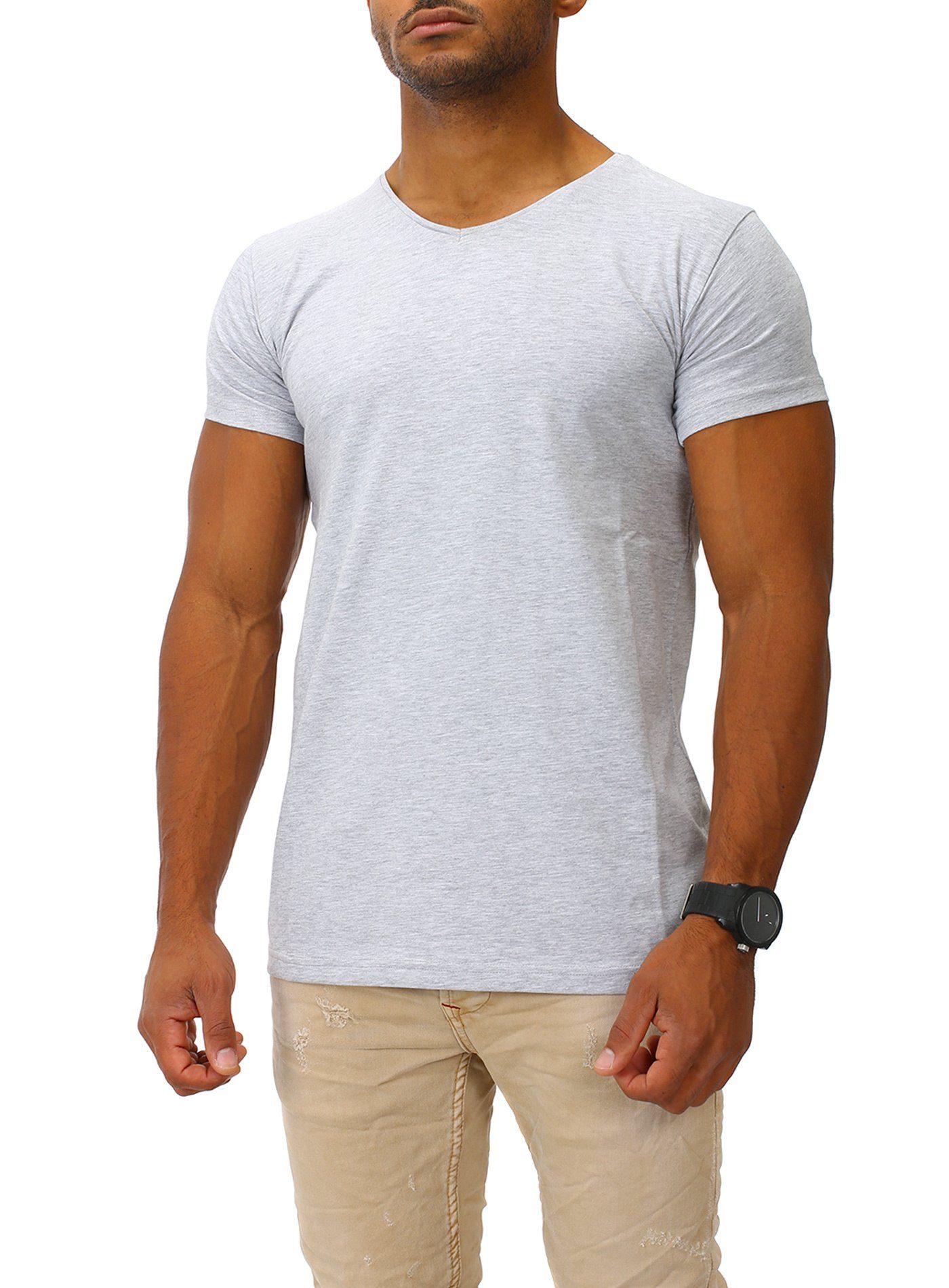 mit hohem HIGH grey melange V-Ausschnitt T-Shirt Franks Joe