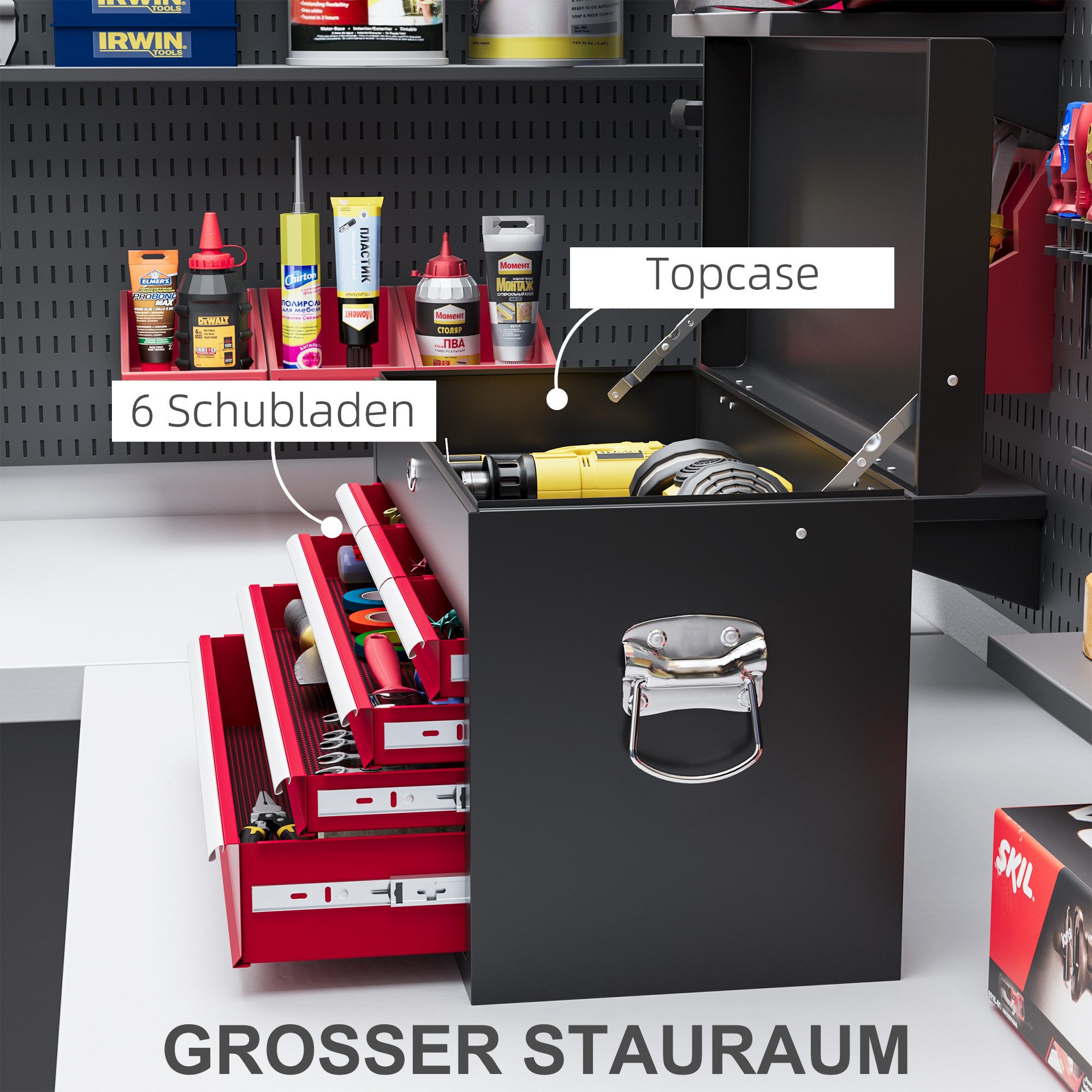 HOMCOM Werkzeugbox Werkzeugkoffer leer, robust, mit 6 Schubladen, Werkzeugkiste (Werkzeugaufbewahrung, 1 St., Werkzeugkasten), Stahl, Rot – Bild 4 von 5