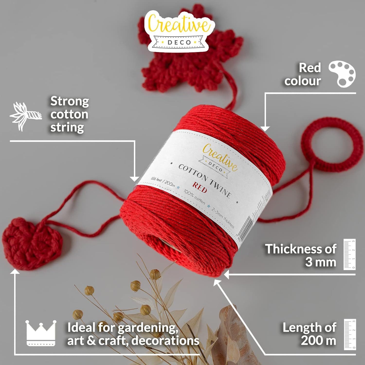 Creative Deco Makramee Garn 3 mm Baumwollkordel Baumwollschnur Baumwollgarn Nähgarn, 200,00 m, auf einer Spule gewickelt