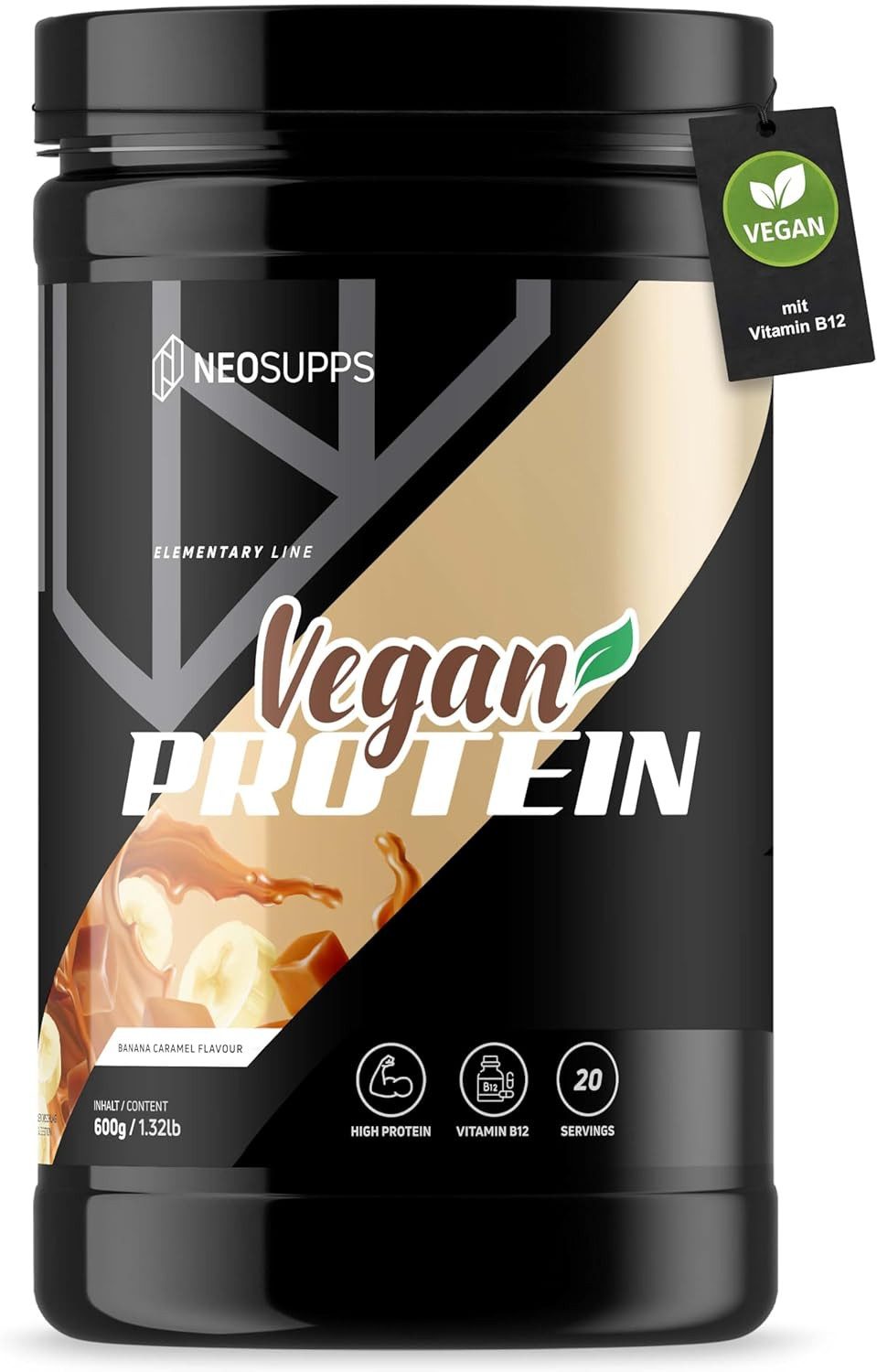 Neosupps Vegan Protein Pulver Banana Caramel 600g, mit Vitamin B12 & zuckerarm Pulver, 600 g, Veganes Proteinpulver aus Erbsen-, Reis- & Kürbiskernprotein