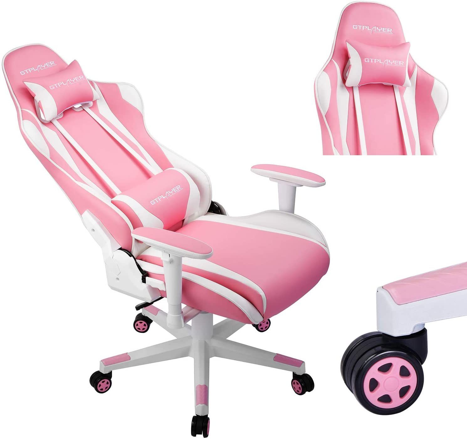 GTPLAYER Gaming-Stuhl Bürostuhl function supports rosa Ergonomische The reclining und the Lenden- inkl. Design waist Nackenkissen