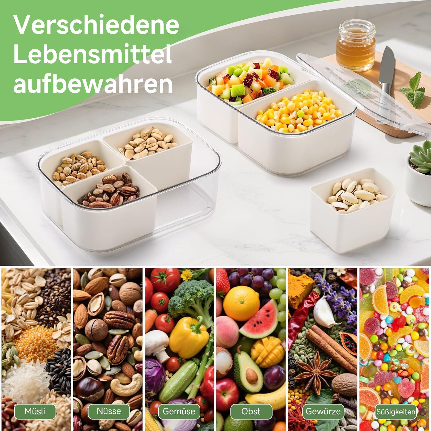 Elegear Vorratsdose Snackbox mit 4 Fächern, Snackschale Kinder, Snackteller mit Deckel, Polypropylen, (1-tlg), Wiederverwendbare Portable Snack Box Snackdose, Spülmaschinenfest