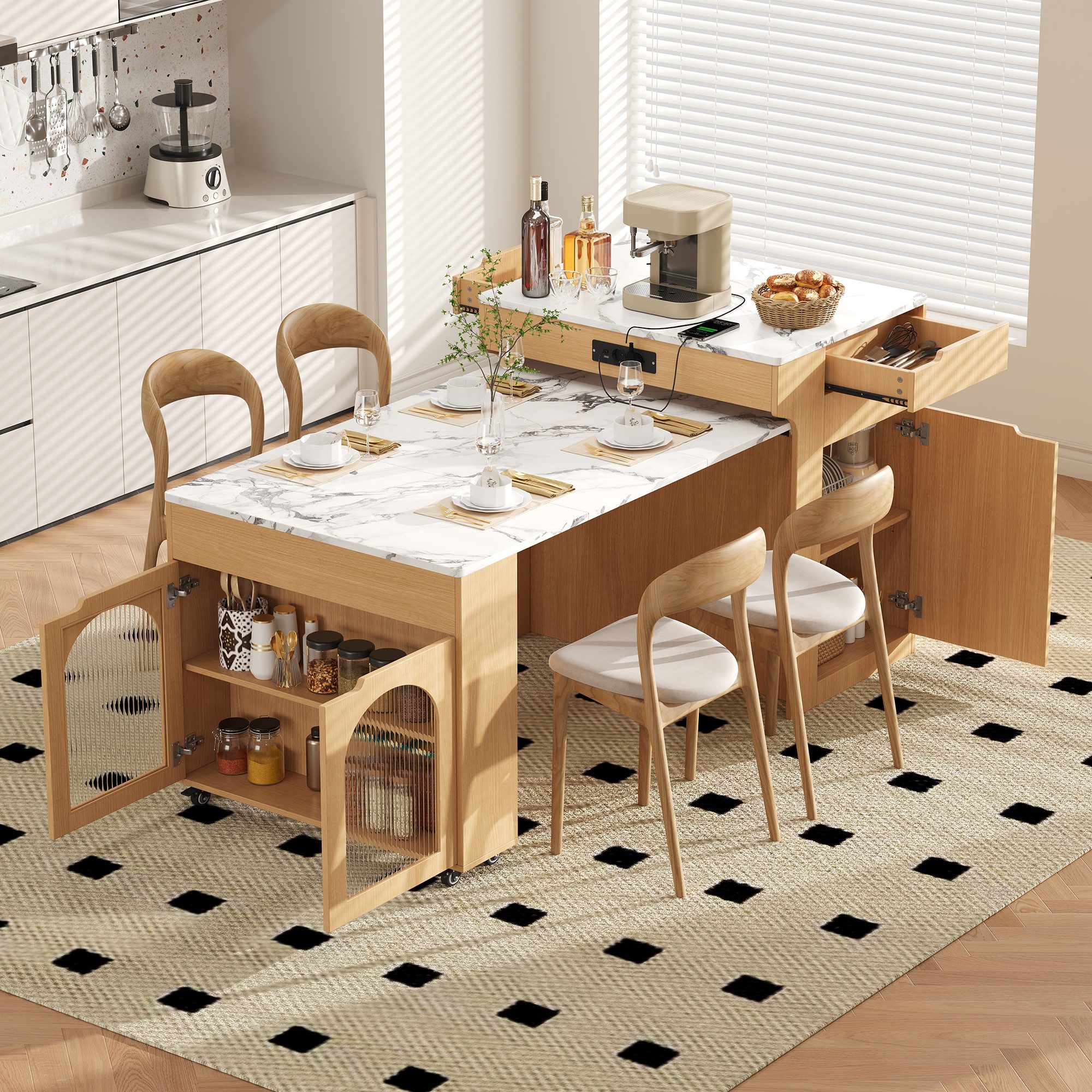 Celya Kücheninsel Ausziehbarer Esstisch mit Steckdosenleisten und Riffeglas, (mit Rollen, zwei Schubladen), ient als Sideboard oder Bartisch für Küche und Esszimmer