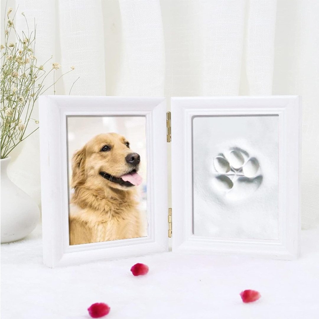 LuxusKollektion Hundekäfig Pfotenabdruck Set 3D Gipsabdruck Holz Bilderrahmen Weiß