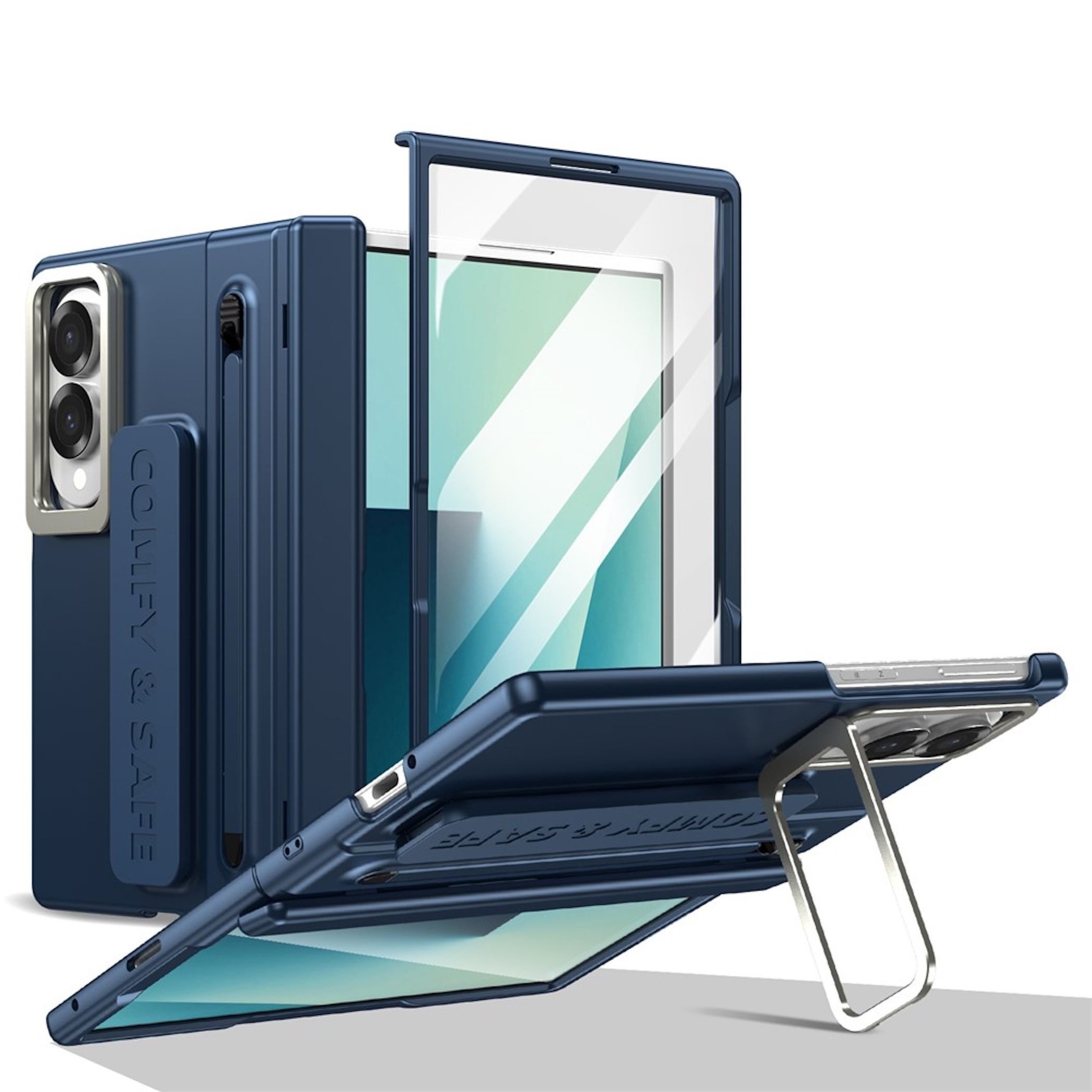 Wigento Handyhülle Klapphülle + 9H Schutzglas + Stift Samsung Galaxy Z Fold8 5G Blau 7,60 Zoll, Scharnier Schutz, Ständer, Stiftschlitz