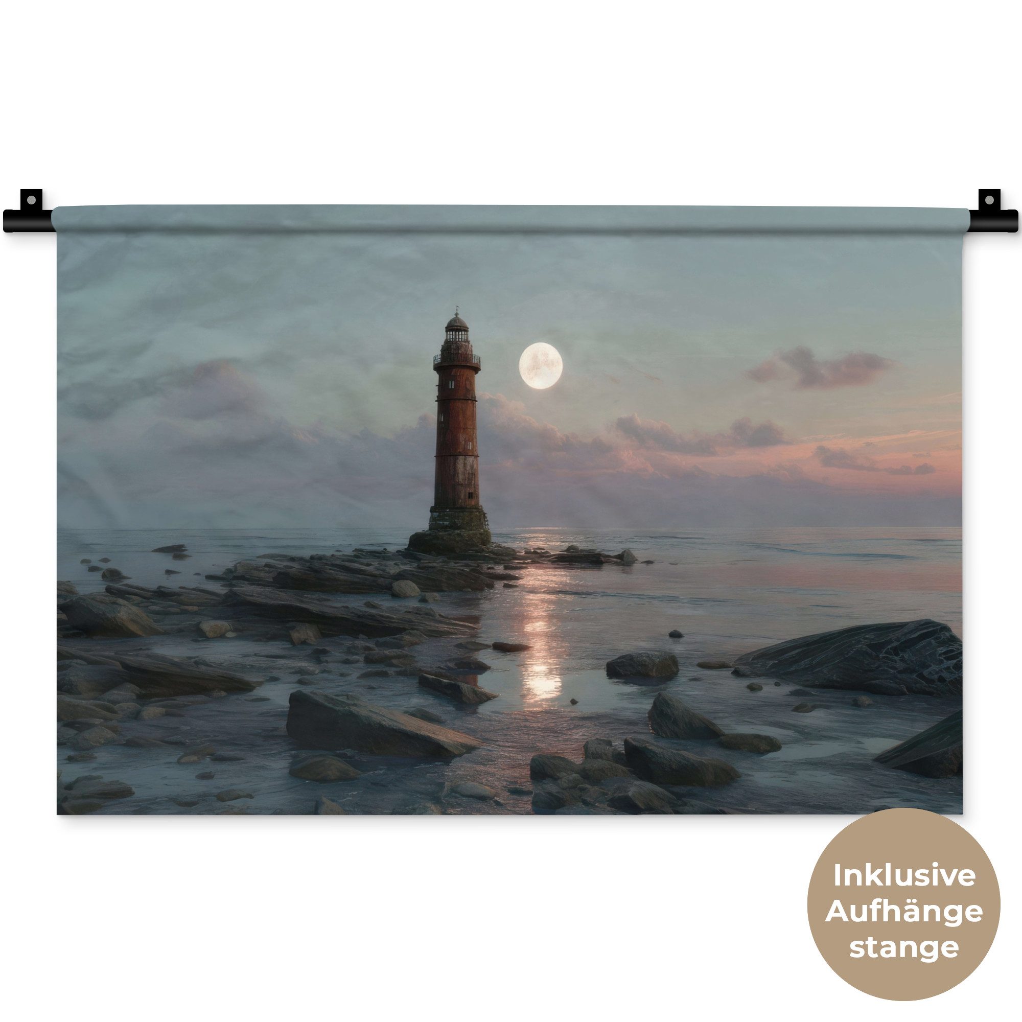 MuchoWow Wandteppich Leuchtturm - Steine - Wasser - Mond, Rechteckig, Höhe: 3 mm, Wandteppich für Wohnzimmer, Schlafzimmer, 60x40 cm