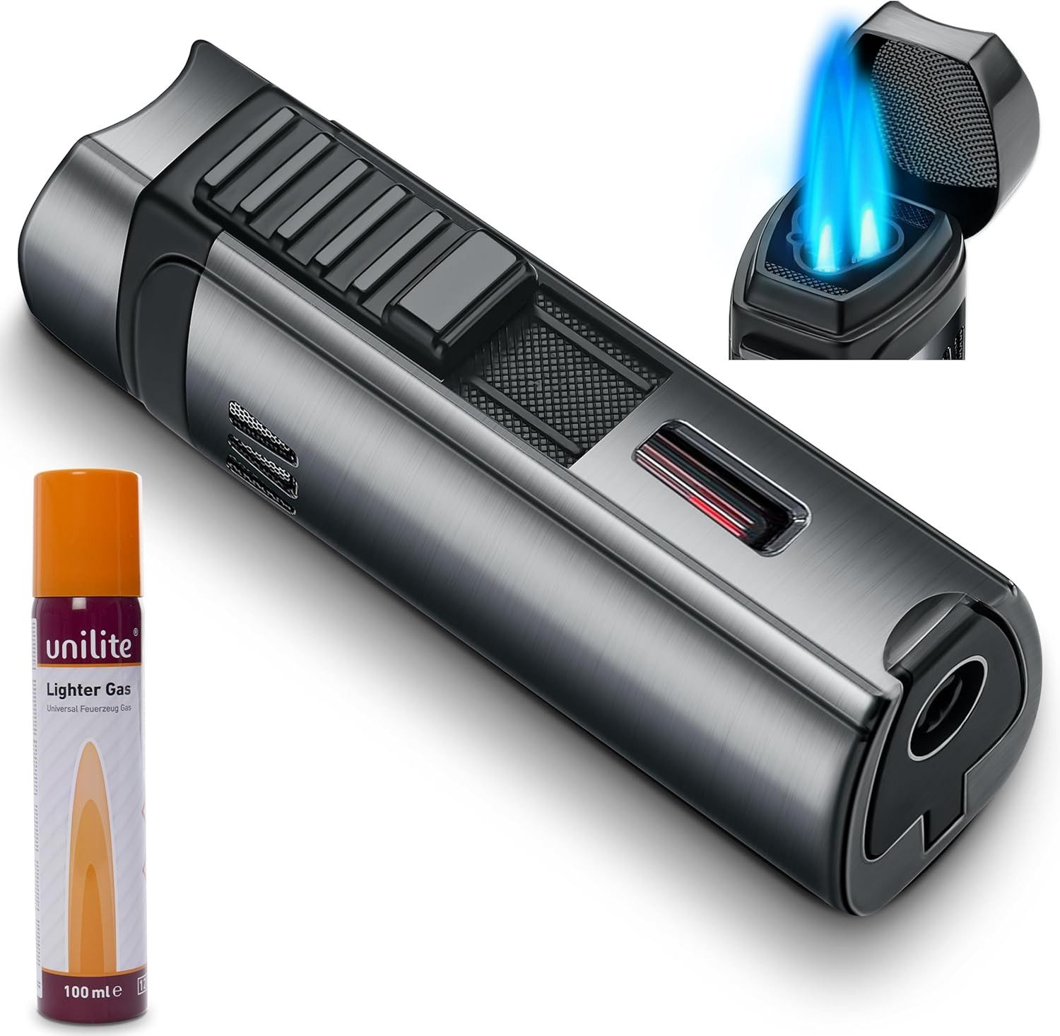 Unilite Feuerzeug Sturmfeuerzeug mit 100ml Gas Kartusche Set, nachfüllbar (2-St), Premium Gasfeuerzeug, befüllt, bis 1300°C
