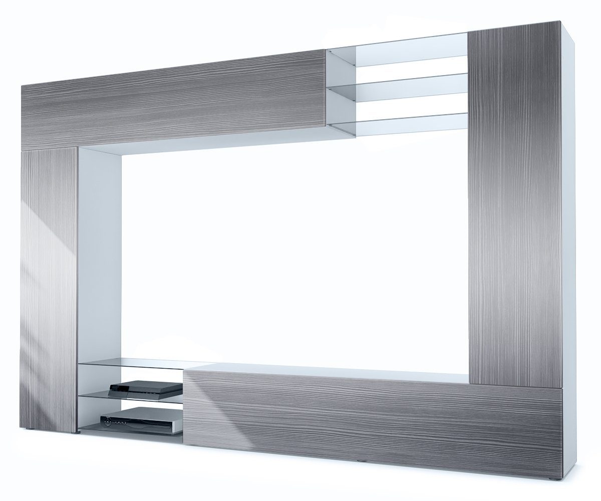 Vladon Wohnwand Mirage, (Anbauwand mit Rückwand mit 2 Türen, 4-St., 2 Klappen und 6 offenen Glasablagen), Weiß matt/Avola-Anthrazit (262 x 183 x 39 cm) Front in Avola-Anthrazit