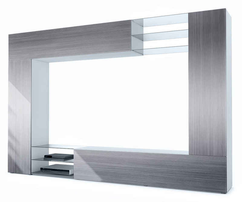 Vladon Wohnwand Mirage, (Anbauwand mit Rückwand mit 2 Türen, 4-St., 2 Klappen und 6 offenen Glasablagen), Weiß matt/Avola-Anthrazit (262 x 183 x 39 cm)