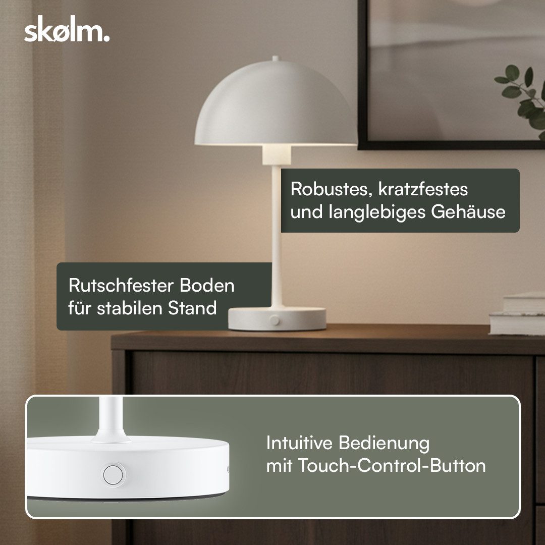skølm Tischleuchte Aeriala mit Akku, Weiß, warmweißes Licht, Nachttischlampe dimmbar, LED Tischleuchte aufladbar, Pilzform
