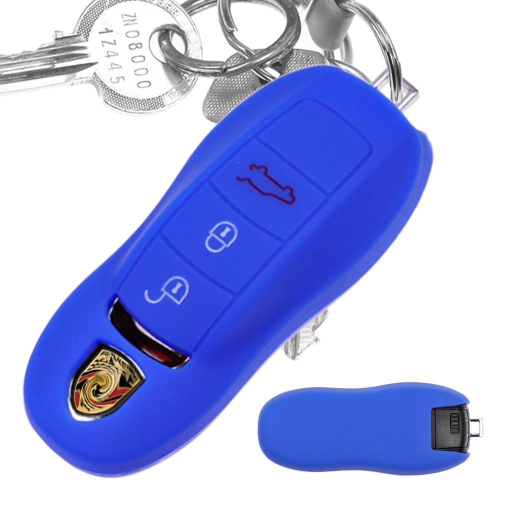 mt-key Schlüsseltasche Autoschlüssel Softcase Silikon Schutzhülle Blau, für Porsche 718 982 981 991 911 Macan Cayman Boxster 3 Tasten KEYLESS