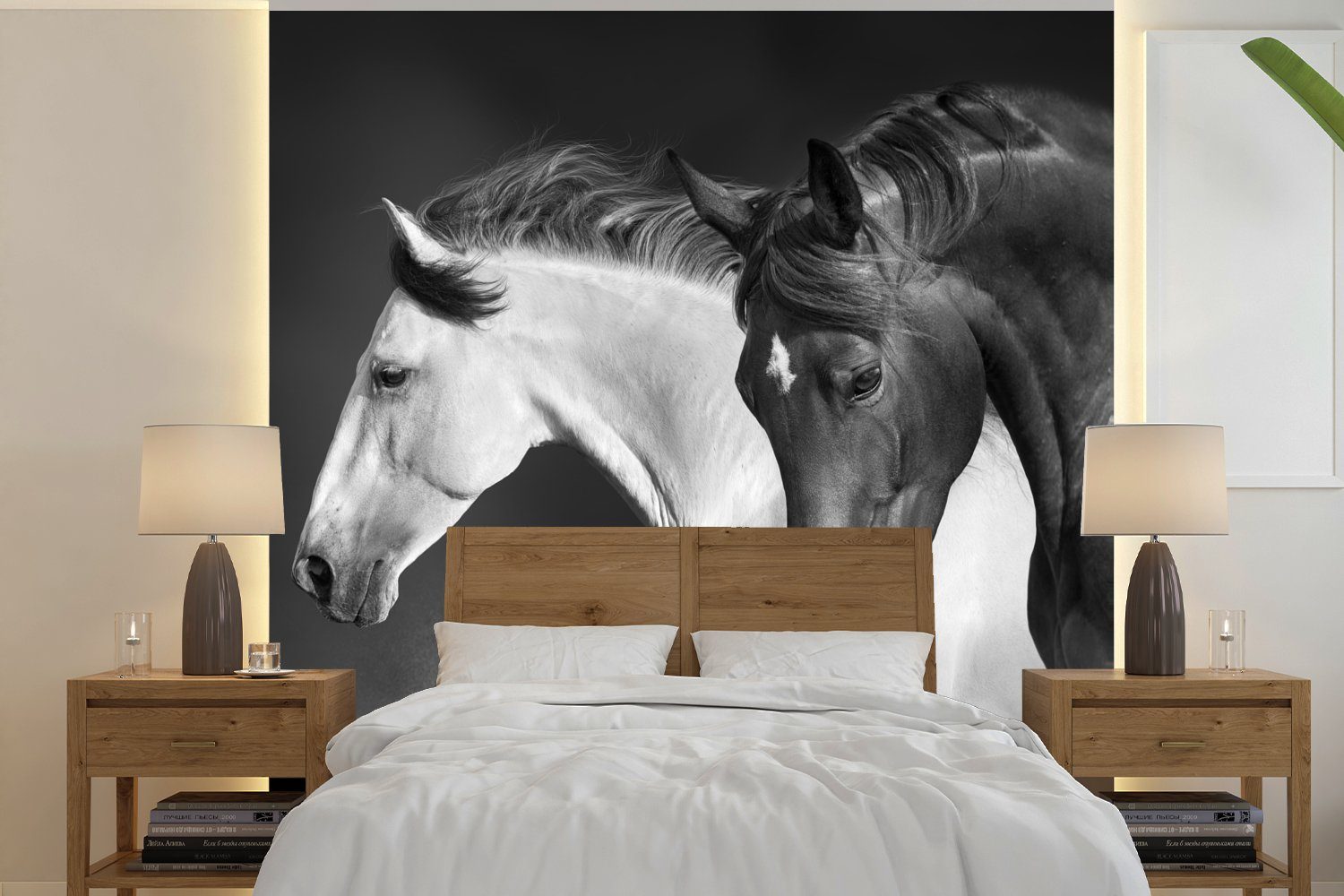MuchoWow Fototapete Pferde - Tiere - Schwarz - Weiß - Porträt, Matt, bedruckt, (4 St), Vliestapete für Wohnzimmer Schlafzimmer Küche, Fototapete | Fototapeten