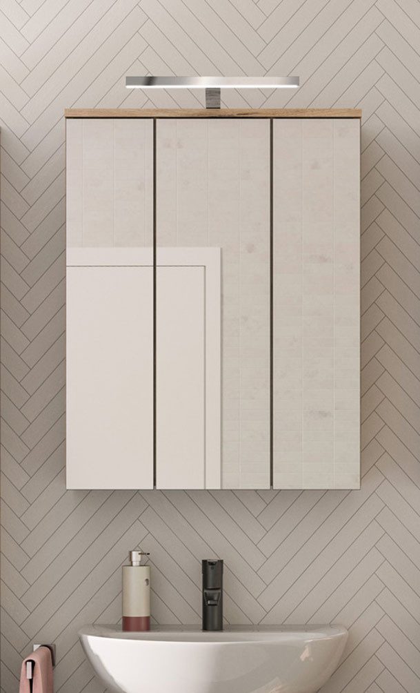 welltime Badezimmerspiegelschrank Riga, Breite 60cm, inkl. LED Beleuchtung, 3 Spiegeltüren, 9 Fächer (Set, 2-St) Badmöbel, Badschrank, Schrank, Wandschrank, Bad, Badezimmer