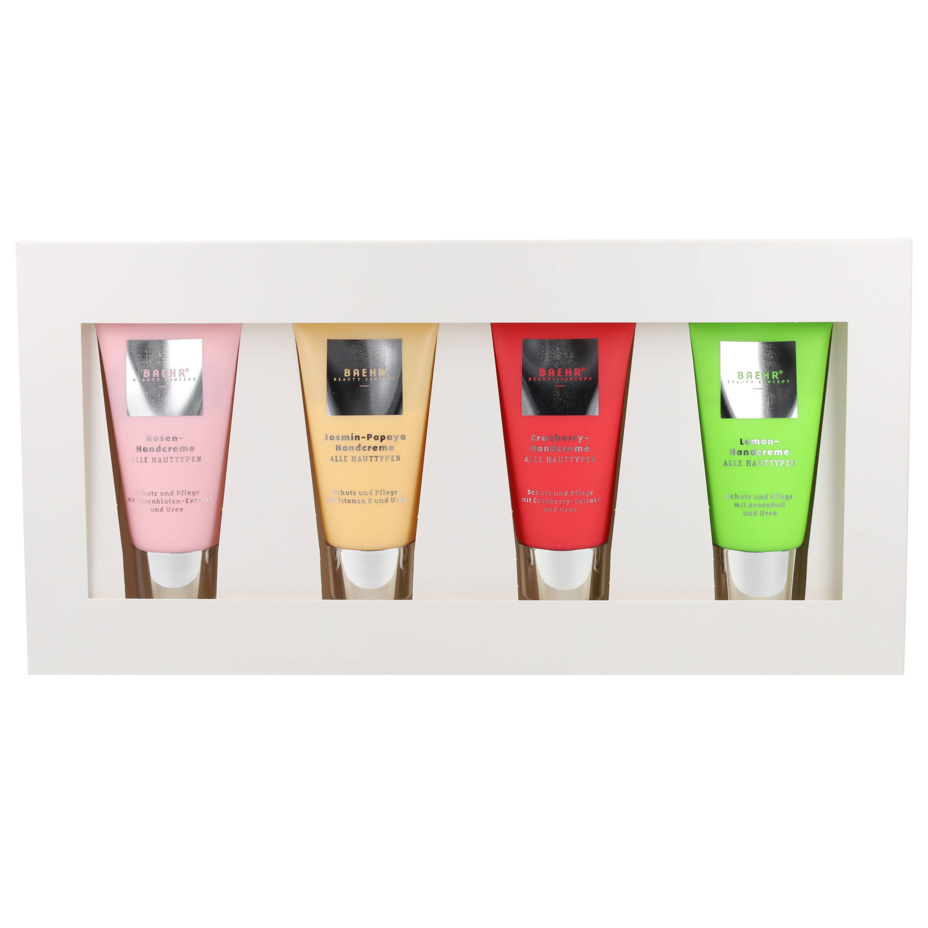 BAEHR BEAUTY CONCEPT Handcreme Baehr Beauty Concept Handcreme Selection V hochwertige Inhaltsstoffe & Duftvarianten, 4-tlg., je 30ml Rosen-, Cranberry-, Lemon- und Jasmin-Papaya-Handcreme