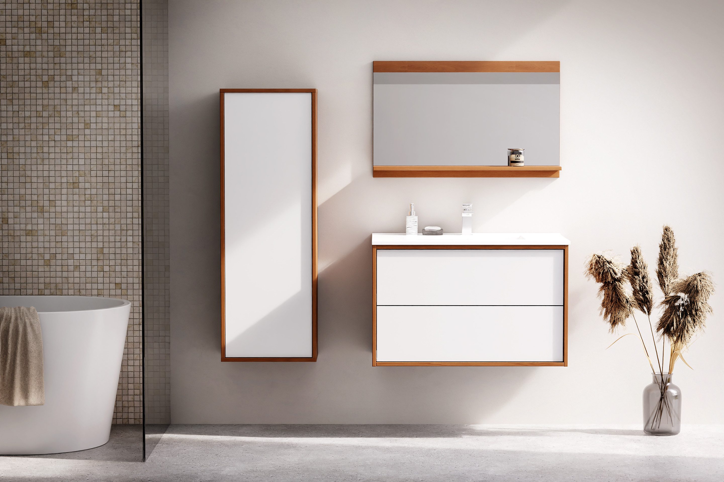 welltime Waschtisch Waschbeckenunterschrank Line mit Waschbecken,Badmöbel,zwei Schubladen, Badschrank mit Waschbecken, Push to open, Maße B/H/T: 61/53/47 cm