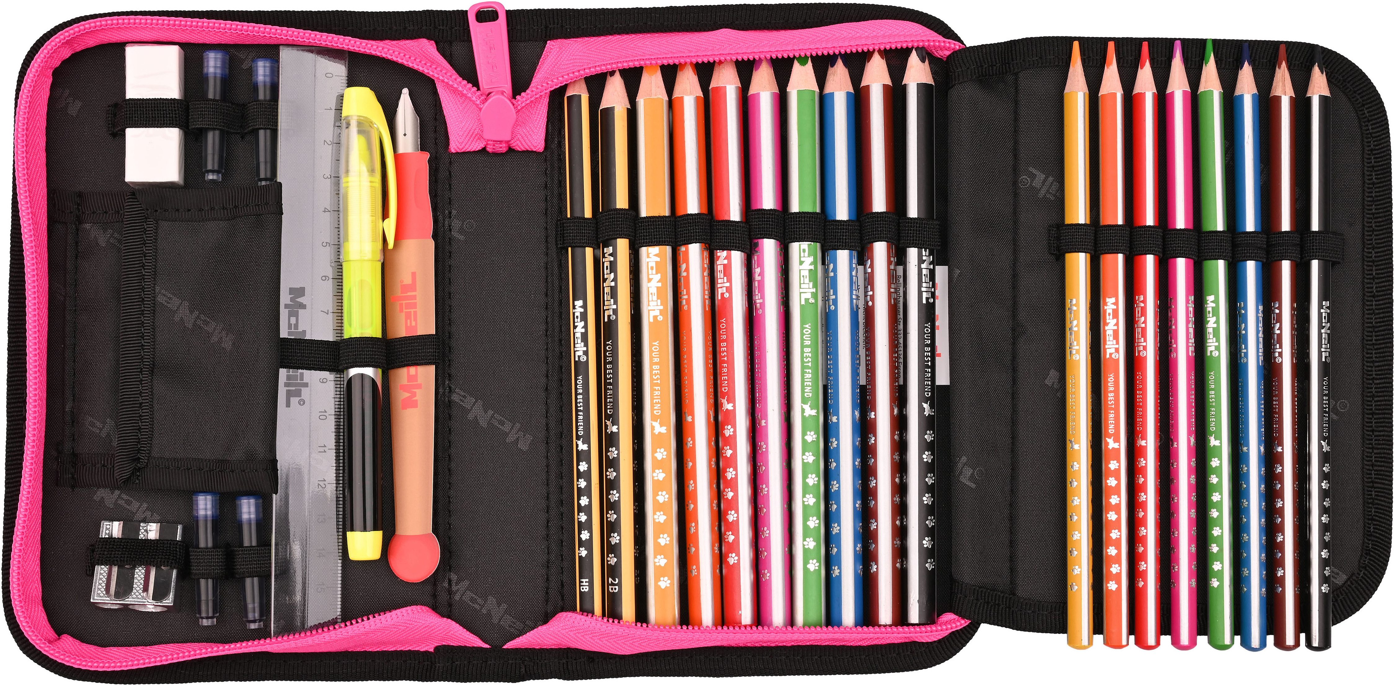 McNeill Schulranzen Primo, inkl. Etui, Turnbeutel, (Set, 9-tlg., Schlamperrolle, Trinkflasche, Lunchbox, 2 Magnete & 1 Anhänger)