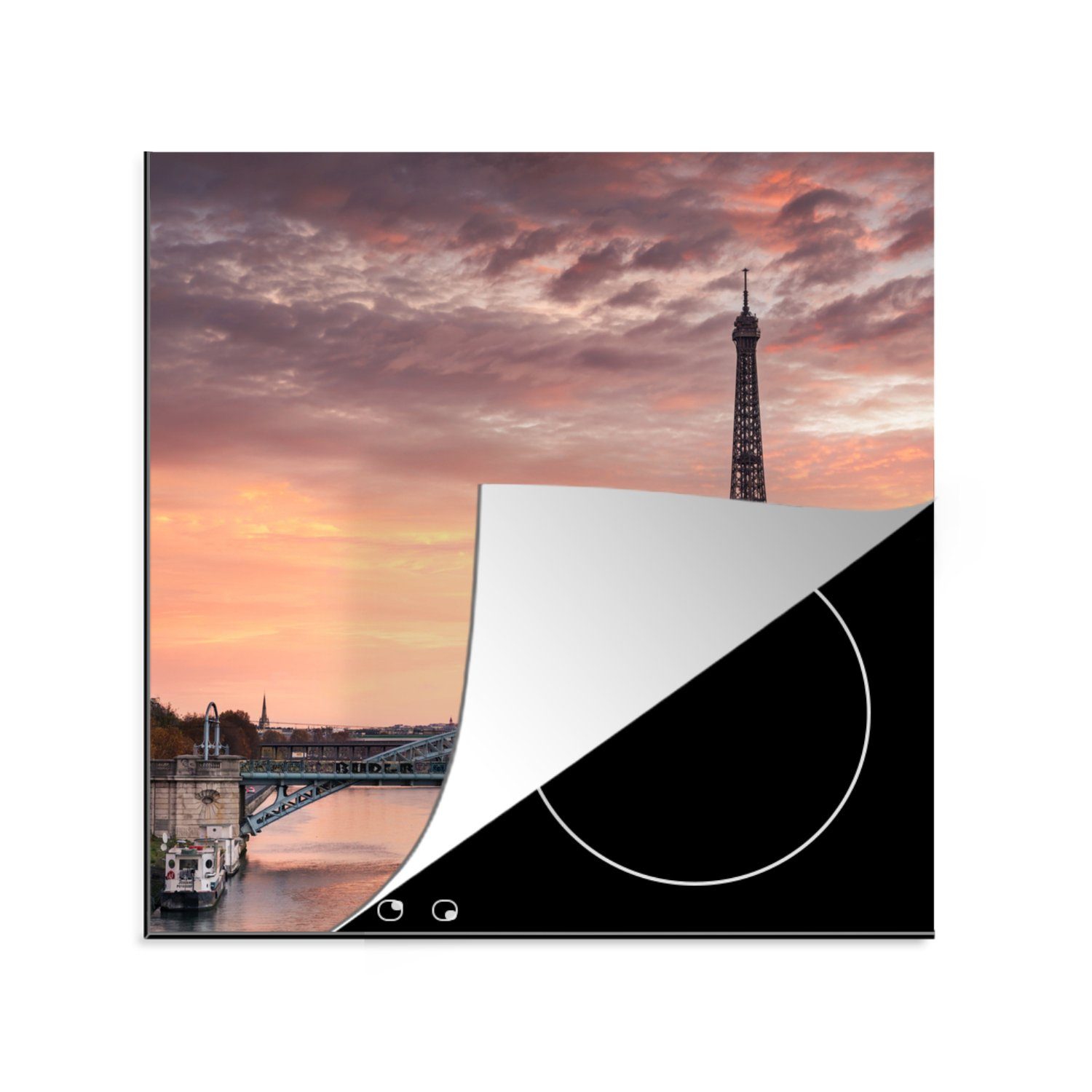 küche dem Ceranfeldabdeckung, hinter cm, (1 Arbeitsplatte Eiffelturm, tlg), Vinyl, Sonnenuntergang für Herdblende-/Abdeckplatte 78x78 MuchoWow