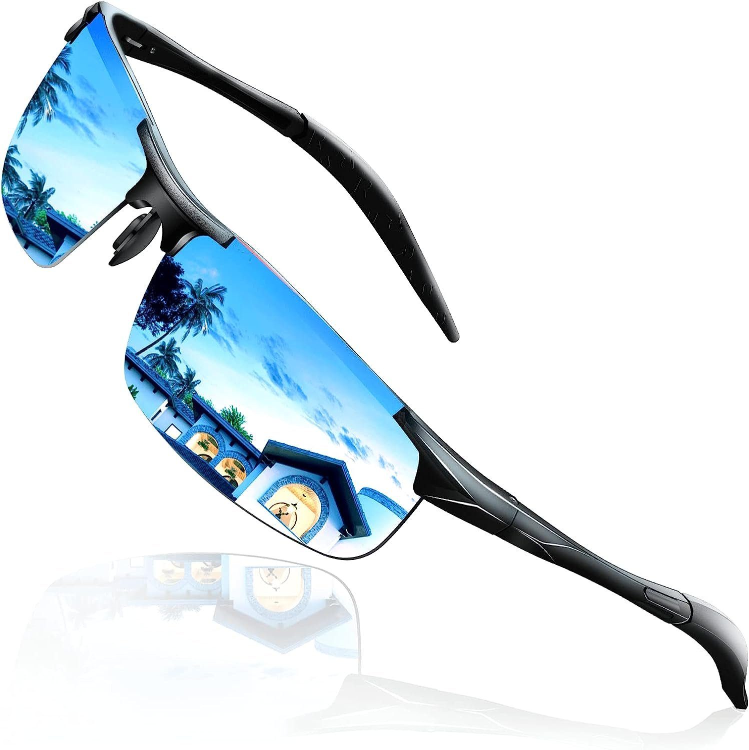 Jormftte Sonnenbrille Polarisiert Sonnenbrille Herren Sportbrille Metallrahmen UV400 Blau