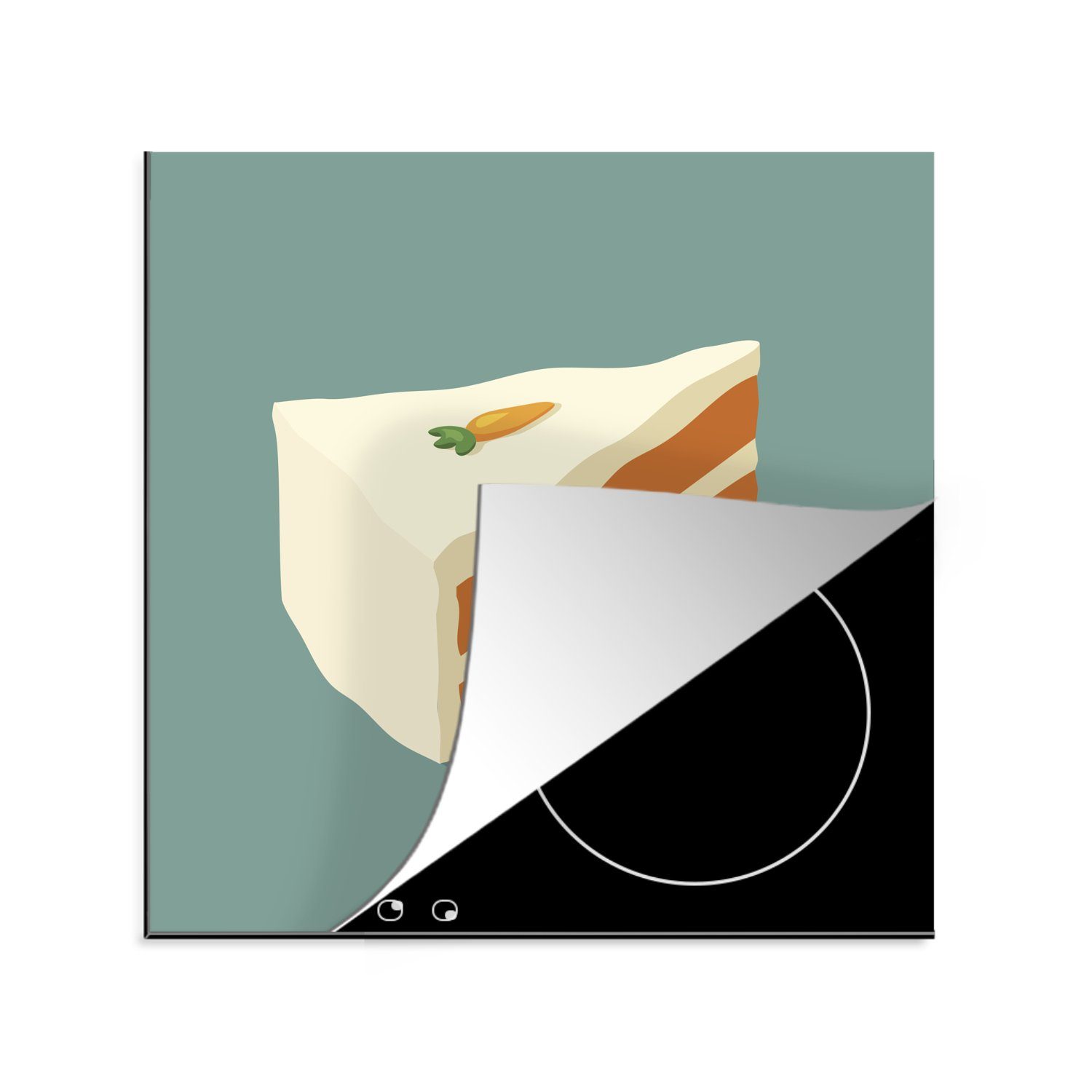MuchoWow Herdblende-/Abdeckplatte Eine Illustration Arbeitsplatte Karottenkuchenstücks, Vinyl, (1 Ceranfeldabdeckung, 78x78 für cm, eines küche tlg)