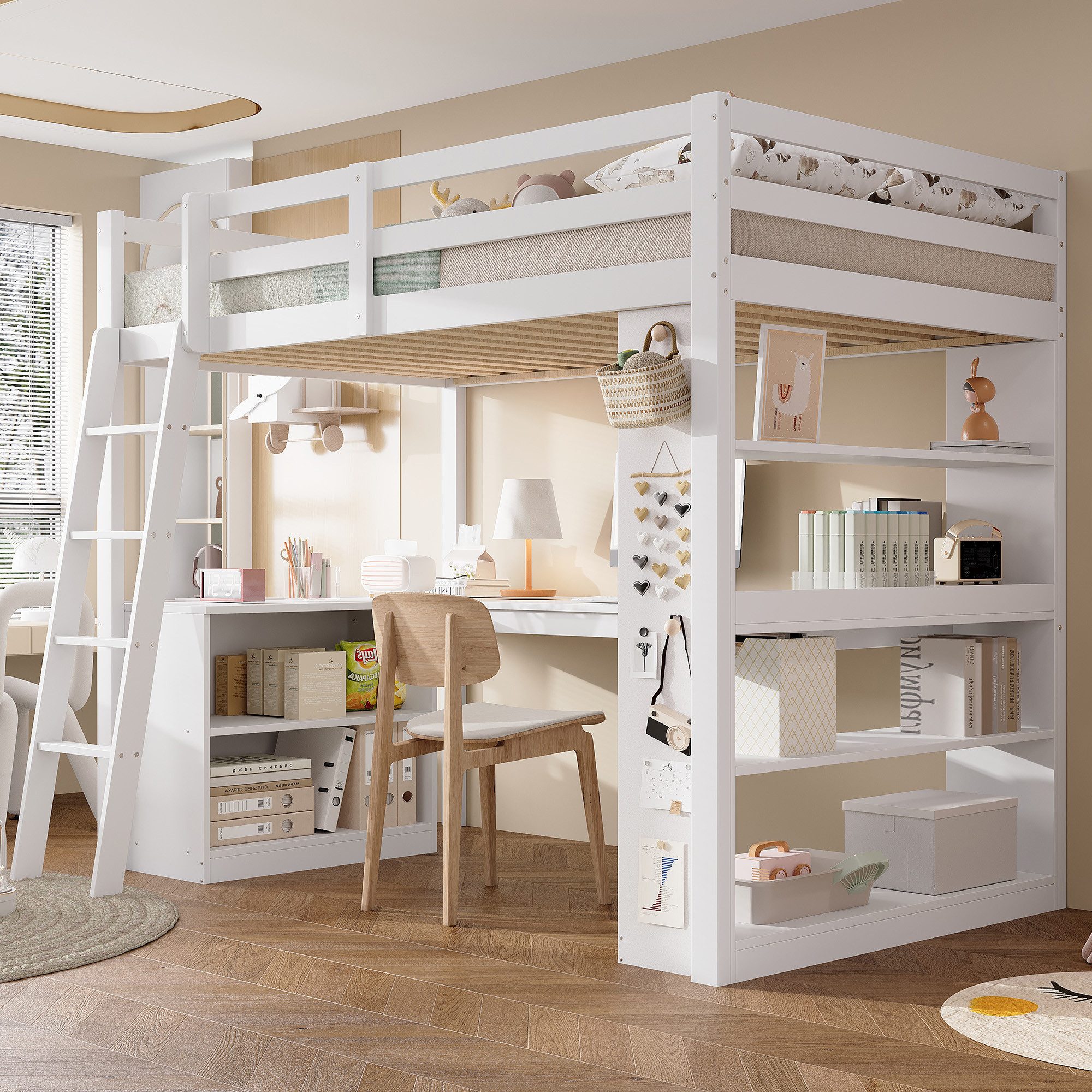 Flieks Hochbett Kinderbett 90x200cm mit Schreibtisch, Stauraumregal und Filzfläche