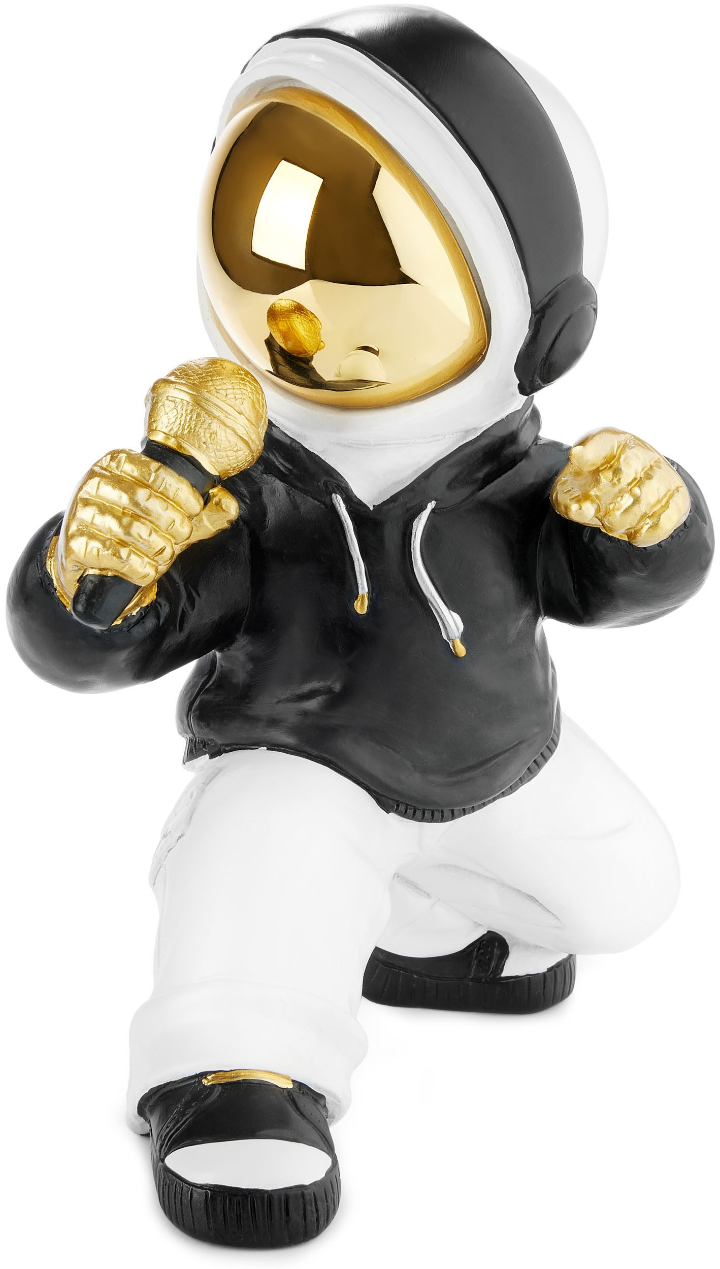 Dekofigur Astronaut Sänger mit goldenem Mikrofon und schwarzem Hoodie - 17 cm