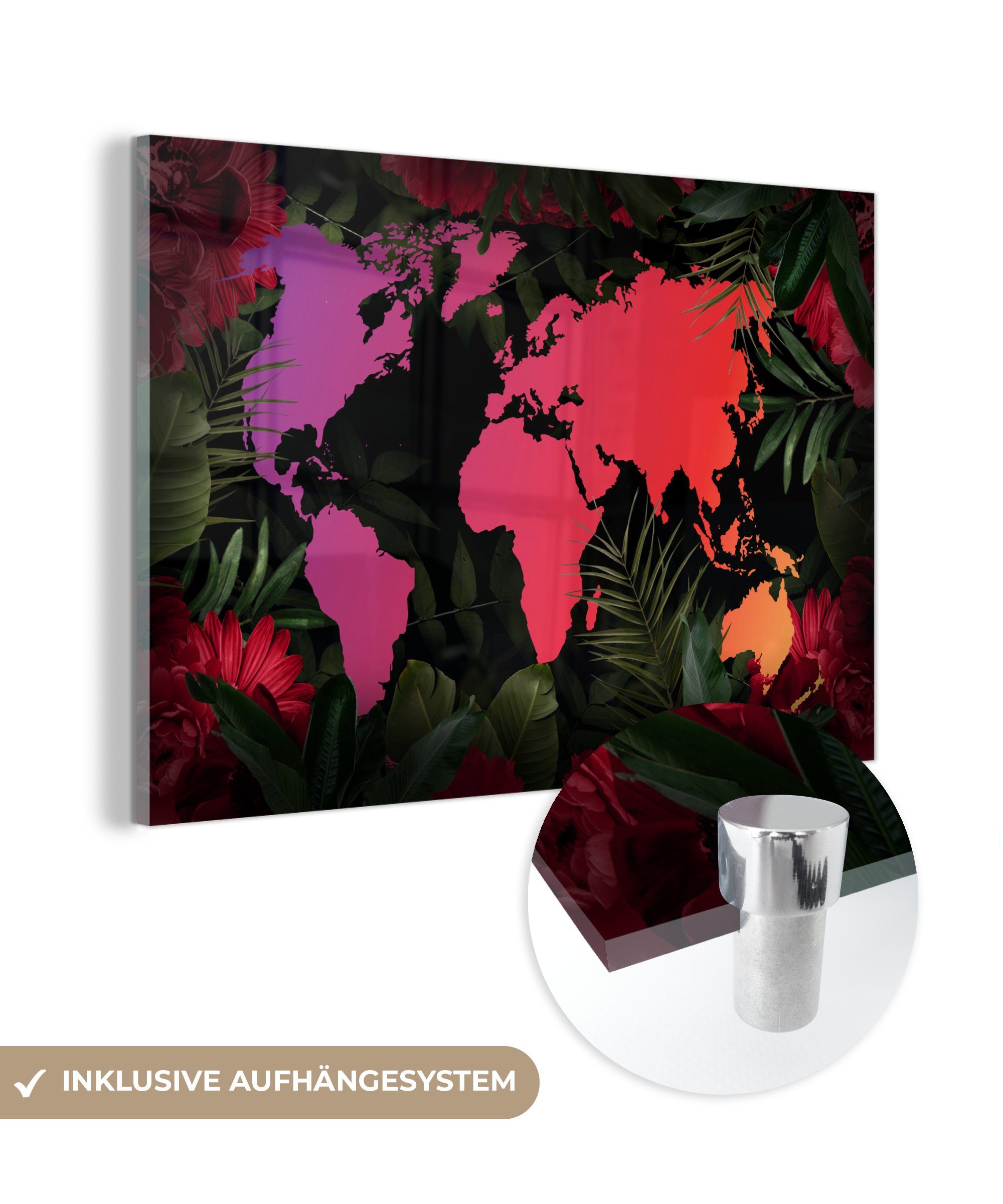 MuchoWow Acrylglasbild Weltkarte - Farben - Dschungel, (1 St), Glasbilder - Bilder auf Glas Wandbild - Foto auf Glas - Wanddekoration