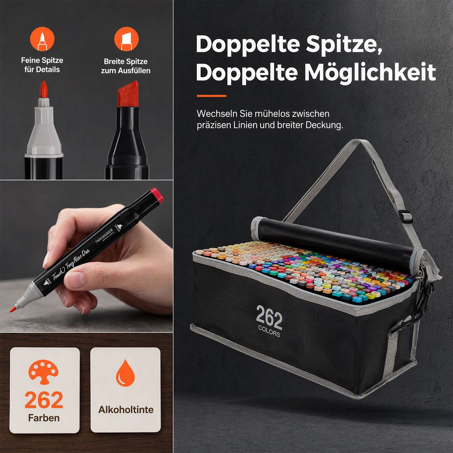 AKKEE Filzstift 204/262 Farben Filzstifte, Doppelte Spitze Permanent Marker Stifte Set, (262-tlg), mit Schwarzer Tragetasche und Abstandshalter für Malerei, Des – Bild 4 von 5