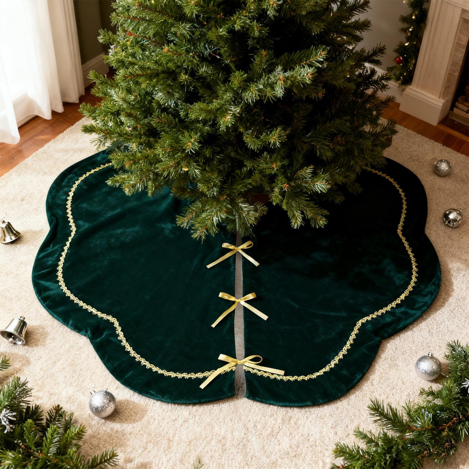 CLTYQ Weihnachtsbaumdecke Weihnachtsbaumdecke Baumrock Baumteppich Weihnachten Samt & Plüsch, Mit funkelnder Goldspitze und Bogenkante, Rustikale Weihnachtsdeko – Bild 3 von 5