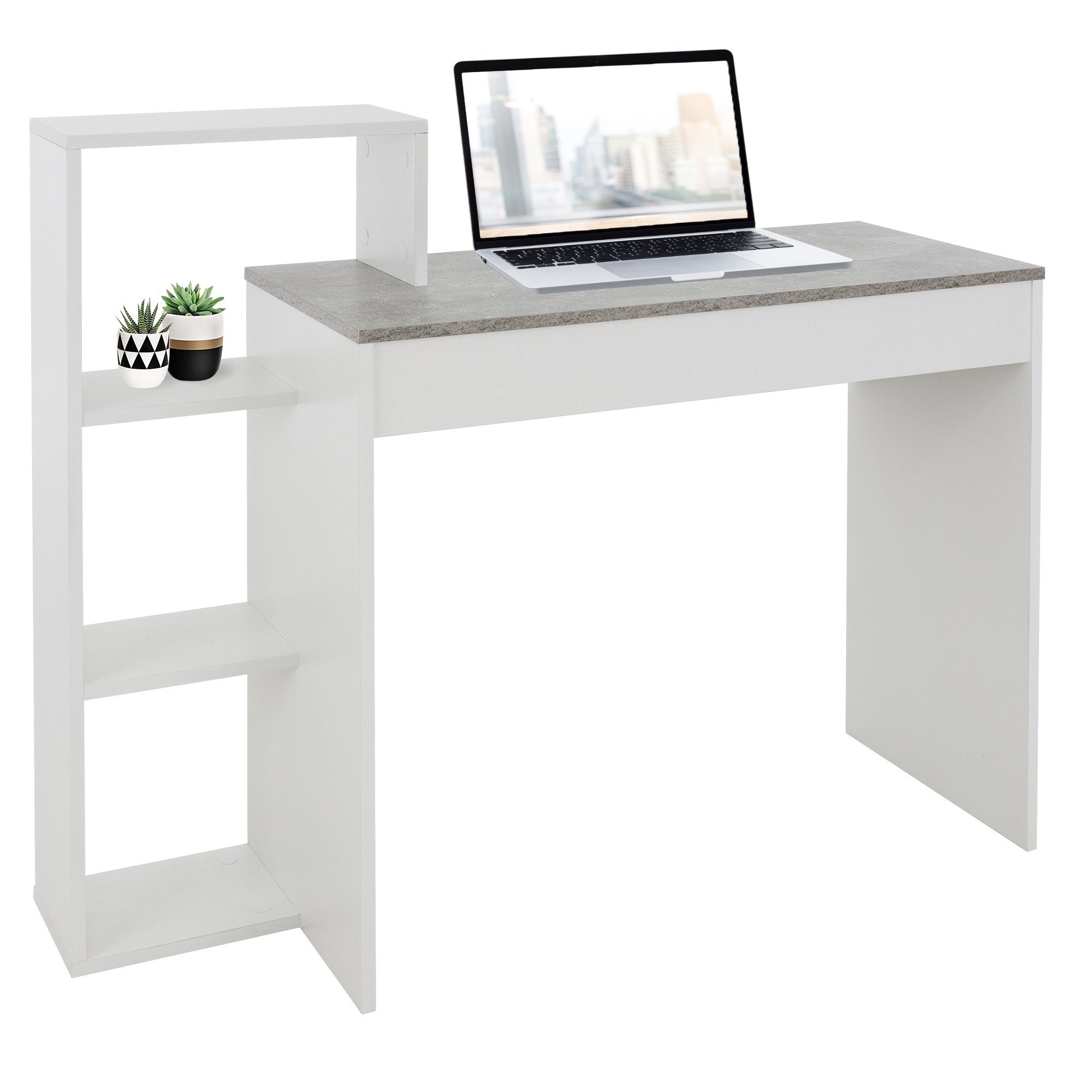 Computertisch Kunstleder, Schwarz Tisch Polsterhocker Weiß/Beton 110x72x40cm drehbar Bürotisch 3 PC Hocker Arbeitstisch Schreibtisch ML-DESIGN Einlegeböden Ø33cm