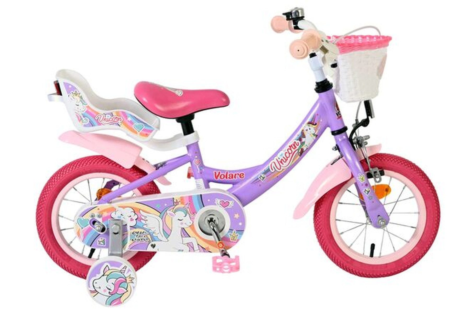 Volare Kinderfahrrad Unicorn Mädchen 12 Zoll – Lila - Hand- & Rücktrittbremse, Puppensitz, Geschlossener Kettenschutz, Reflektoren vorne, Luftreifen