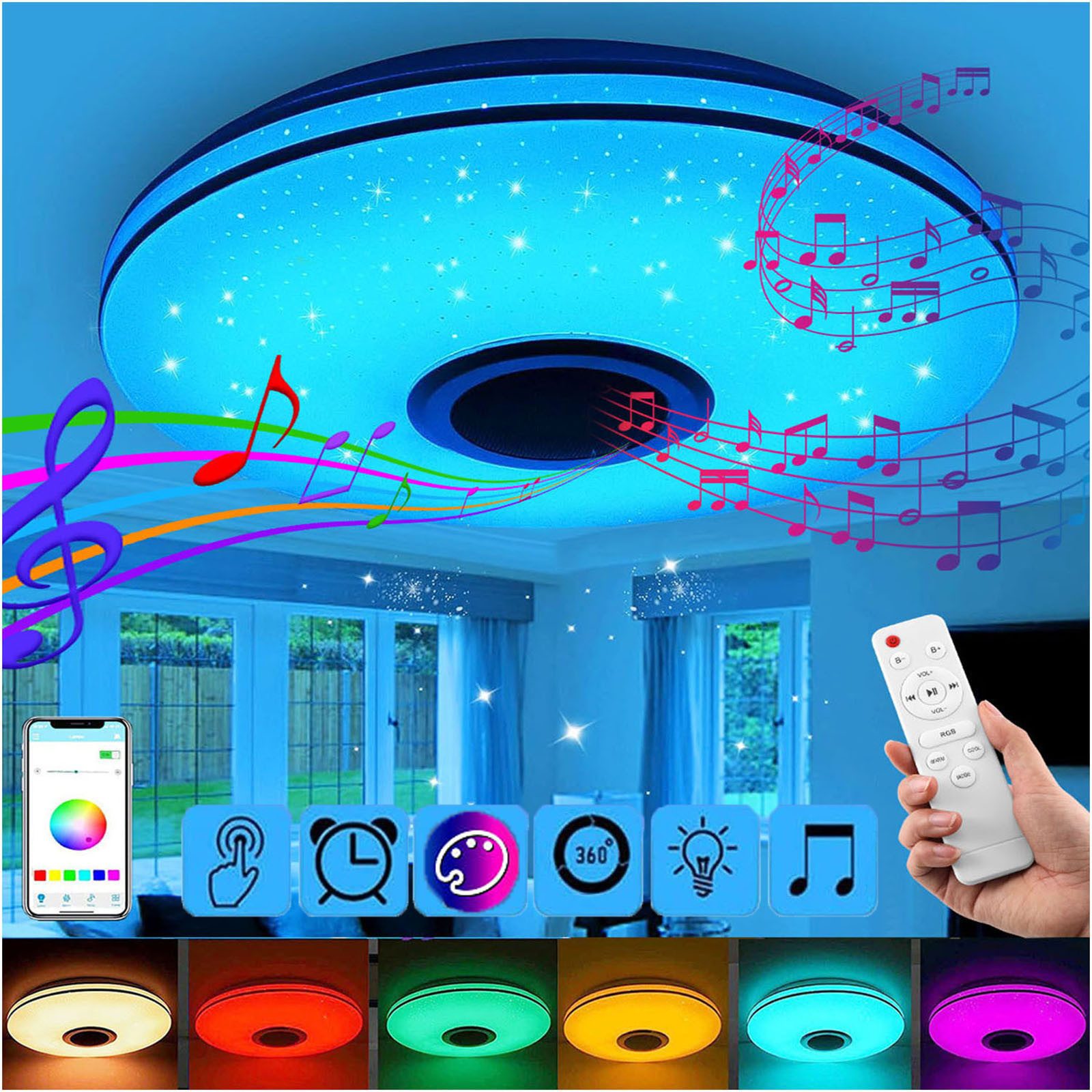 oyajia Deckenleuchte 60W LED Deckenlampe Bluetooth Lautsprecher, 50cm RGB Farbwechsel Lampe, LED fest integriert, Warmweiß, Naturweiß, Kaltweiß,RGB, Dimmbar mit Fernbedienung, APP, für Schlafzimmer Wohnzimmer Bad Bar