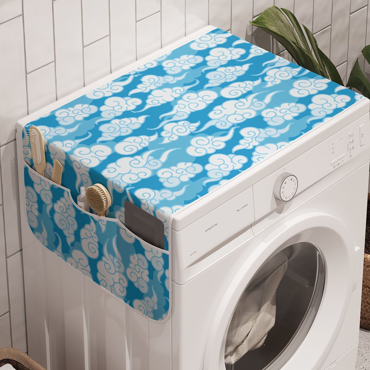 Abakuhaus Badorganizer Anti-Rutsch-Stoffabdeckung für Waschmaschine und Trockner, Blau und weiß Japanische Wolke Motiv
