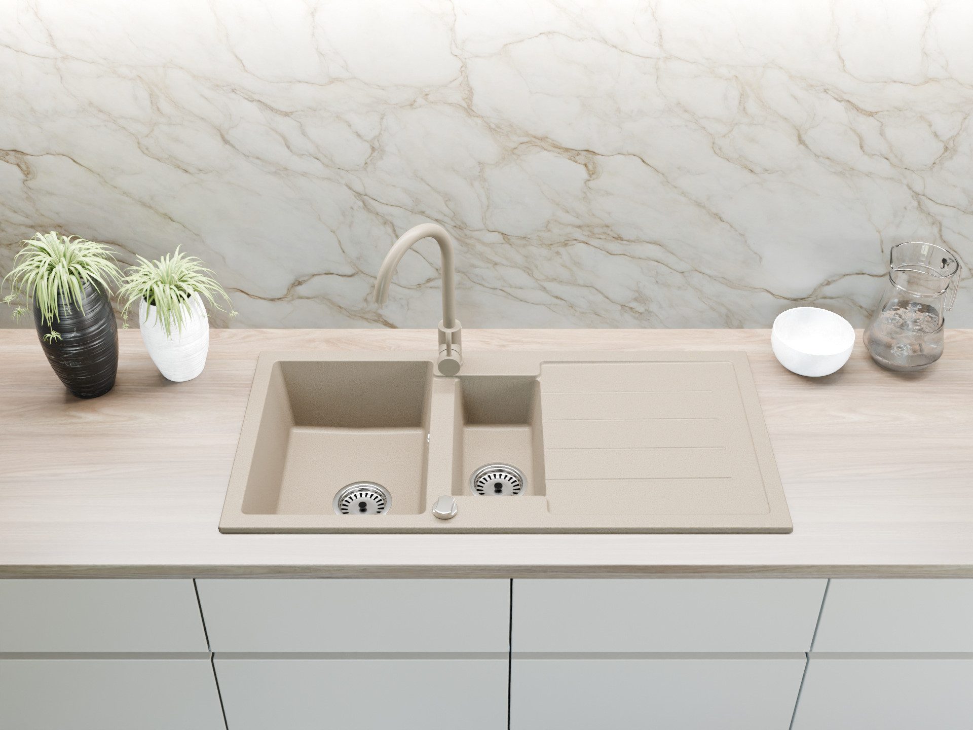 Faizee Möbel Granitspüle Granitspüle 100x50 cm mit Armatur Spülbecken in verschiedenen Farben, Eckig, 100/17 cm, aus Granit, (Komplett-Set), Mit Küchen-Armatur Mit Komplett-Siphon-Set