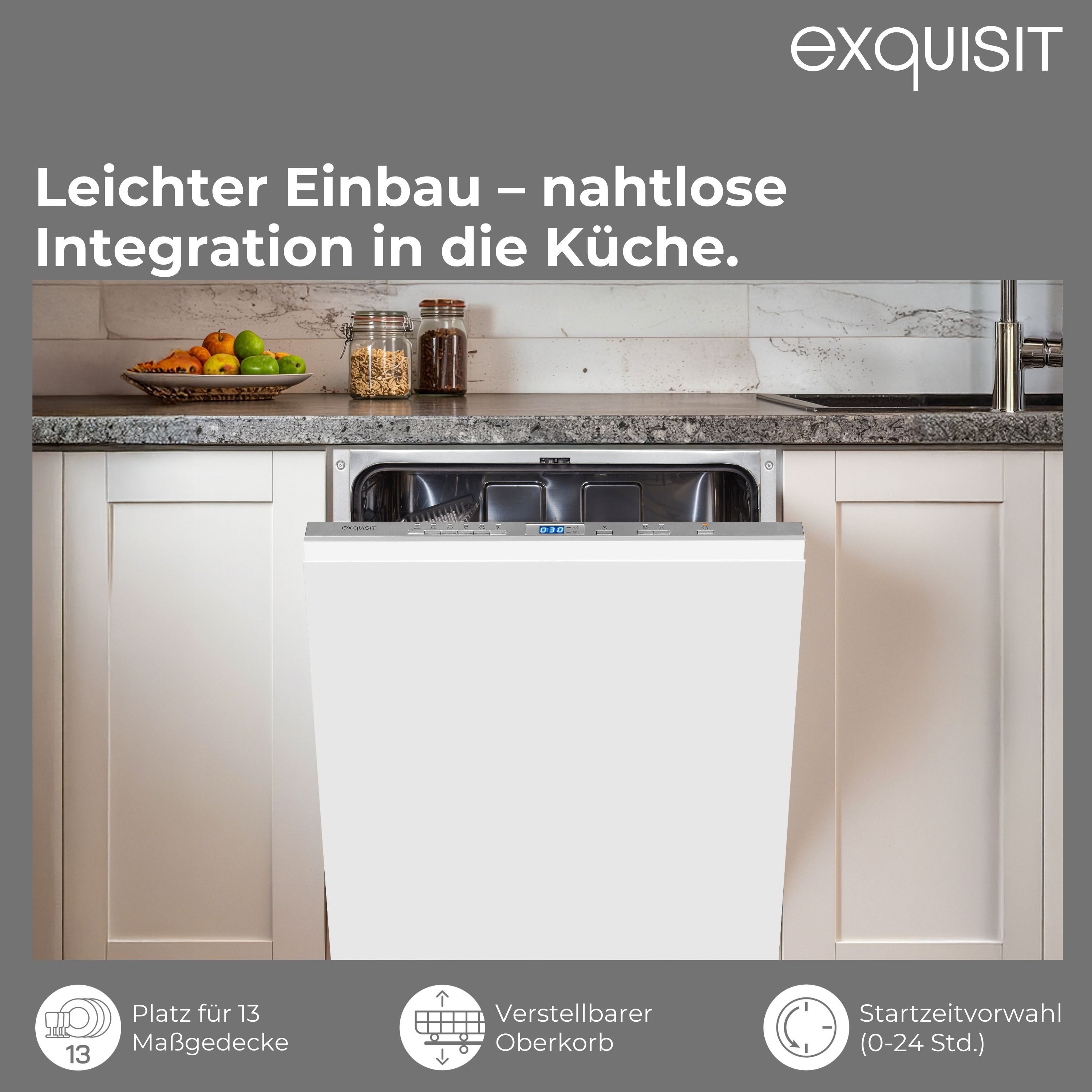 exquisit vollintegrierbarer Geschirrspüler PLUS EGSP2113-E-030E, 11 l, 13 Maßgedecke, 60 cm Breite, 6 Spülprogramme, Extra-Trocknung