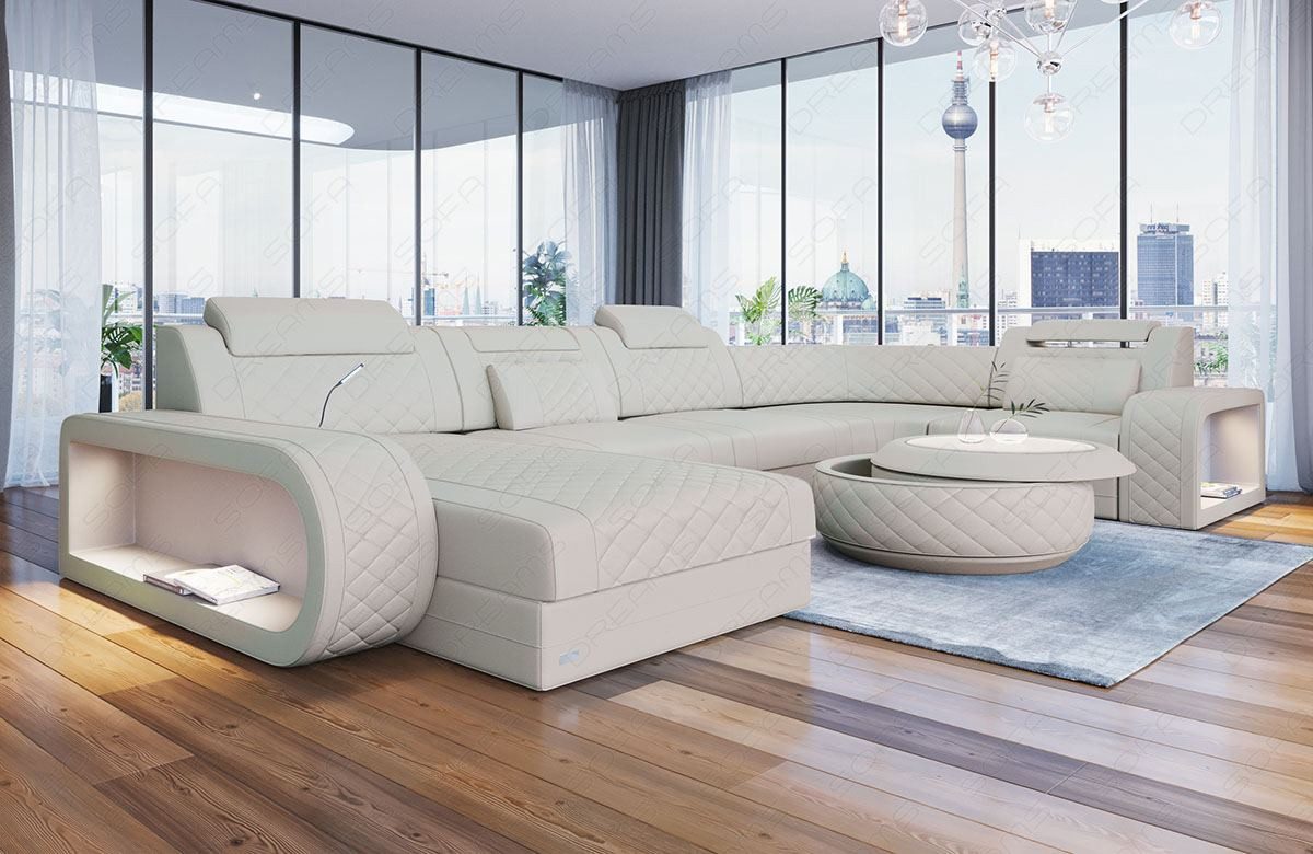 Sofa Dreams Wohnlandschaft Berlin U Form Mini Leder, Designersof, 6-Sitzer, LED-Beleuchtung, Couch, Kopfstützen, USB-Anschluss, Ottomane